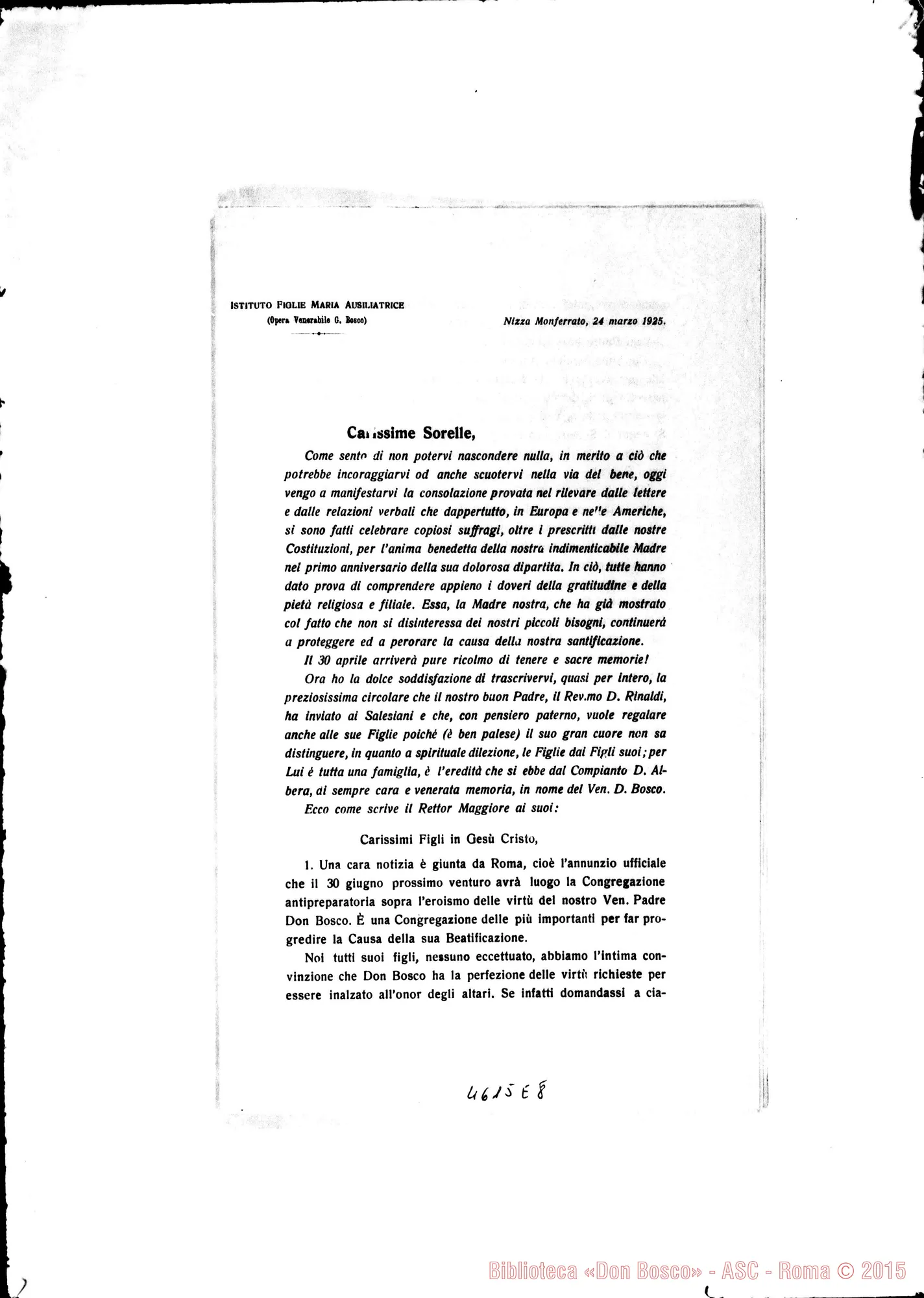 Fotogramma E 8 — 24-03-1925: Trascrive circolare di D. Rinaldi ai Salesiani: Eroismo delle virtù, sarà annunziato in breve