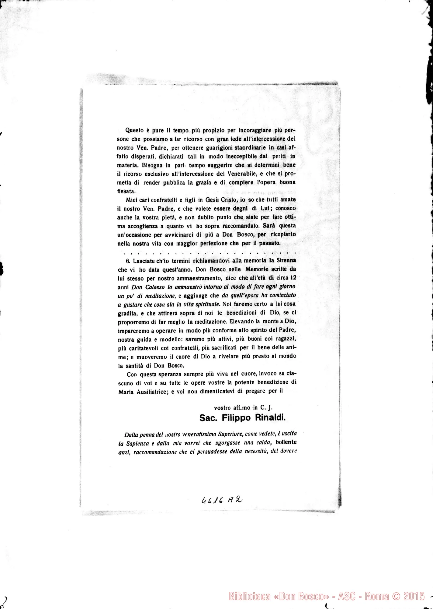 Fotogramma A 2 — 24-03-1925: Trascrive circolare di D. Rinaldi ai Salesiani: Eroismo delle virtù, sarà annunziato in breve