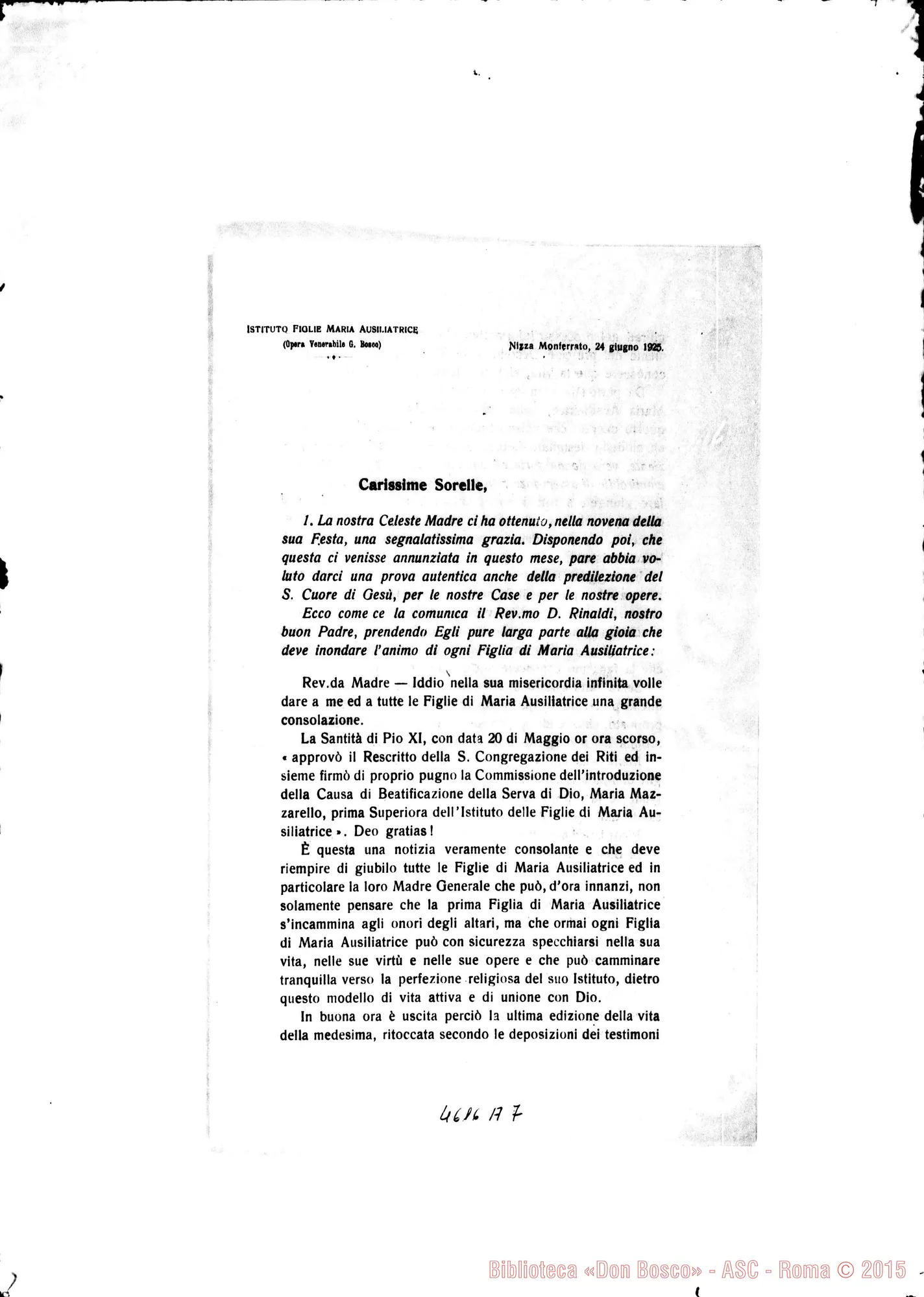 Fotogramma A 7 — 24-06-1925: Di nuovo trascrive circolare di D. Rinaldi: commissione della Causa di Beatificazione di Madre Mazzarello