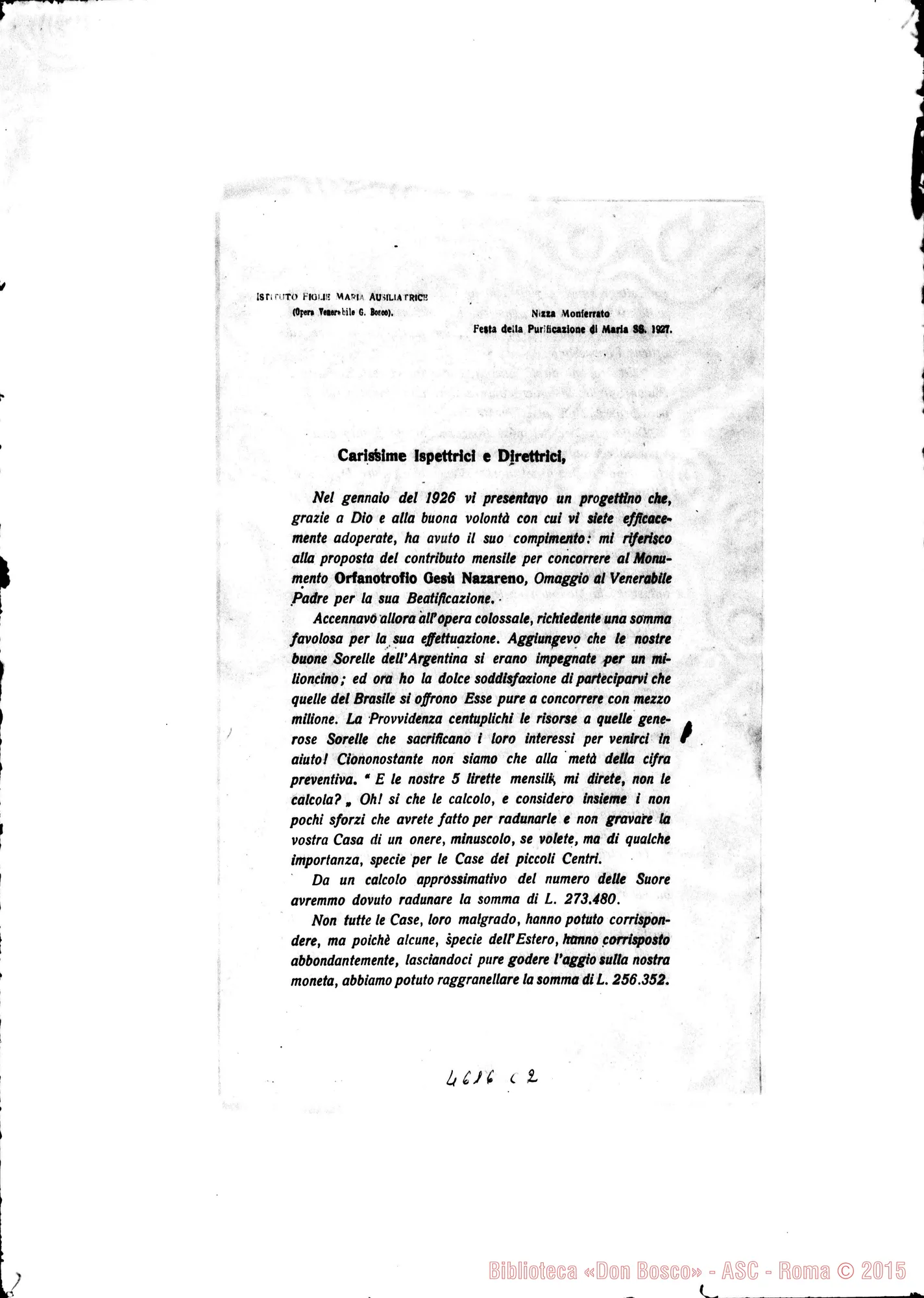 Fotogramma C 2 — 01-02-1927: Contributo per l’Orfanotrofio Gesù Nazareno
