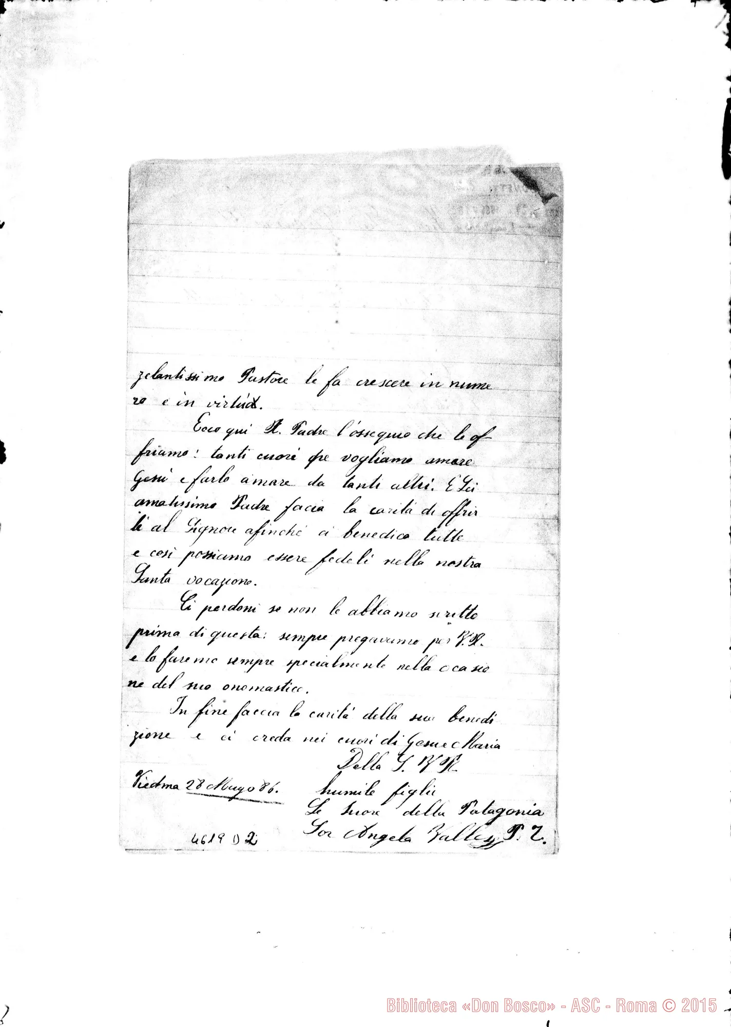 Fotogramma D 2 — Vallese Angela, suora-Bonetti. Viedma, 28-05-1886. All. lett. di Mons. Cagliero A D. Bonetti