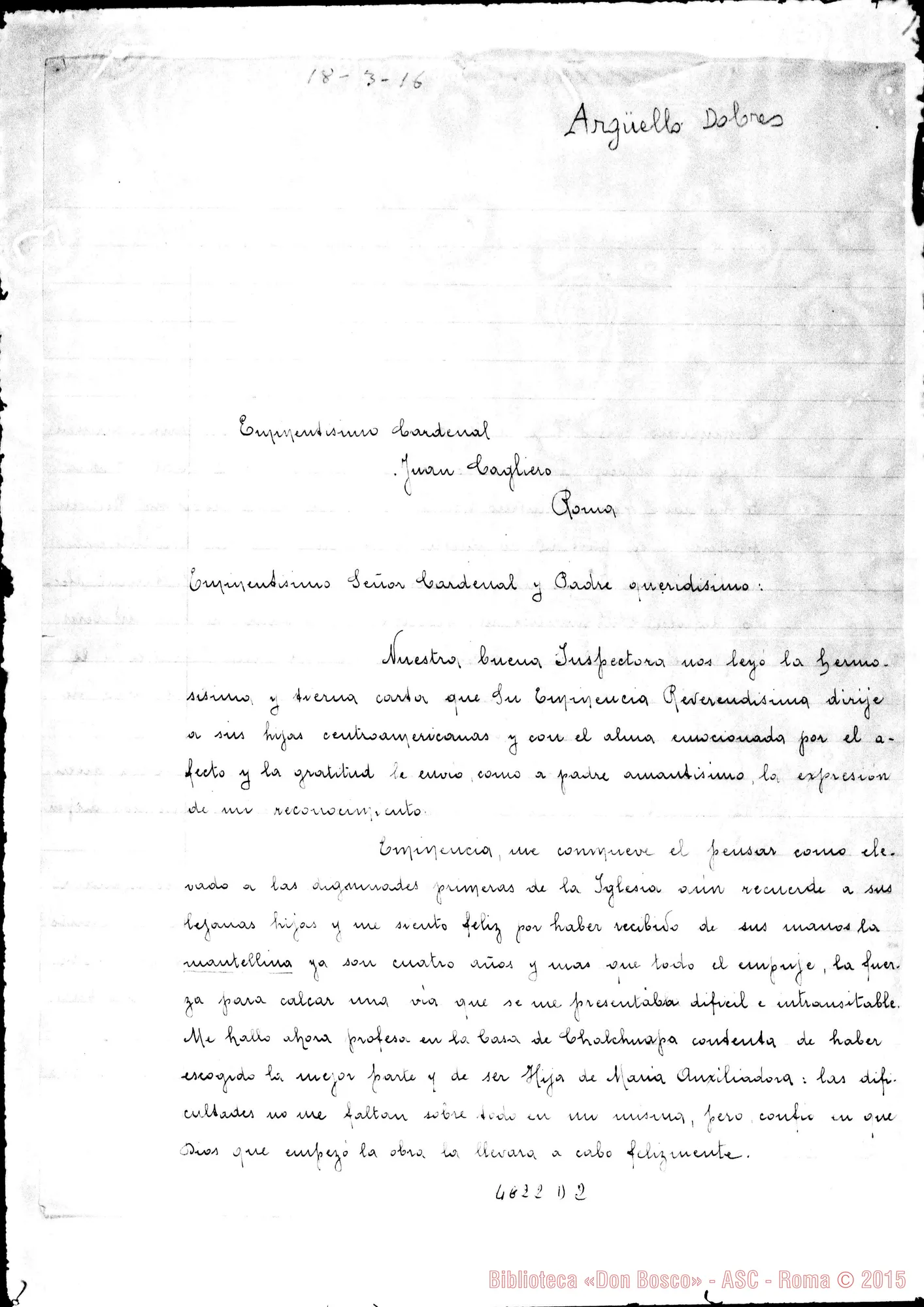 Fotogramma D 2 — Argiiello Dolores-Cagliero, mons. Chalchuapa, 18-03-1916