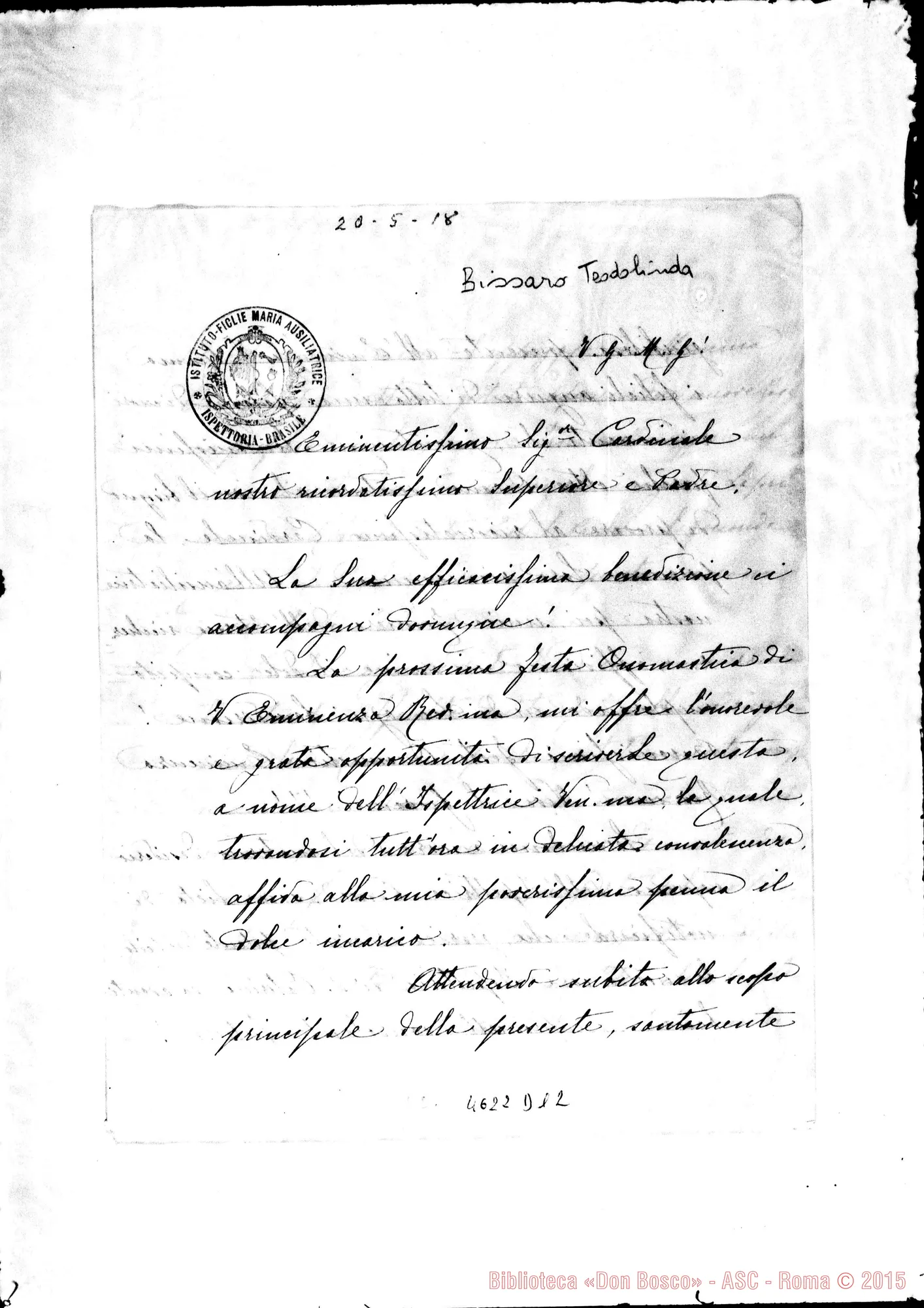 Fotogramma D 12 — Bissaro Teodolinda-Cagliero, mons. S. Paulo, 20-05-1918