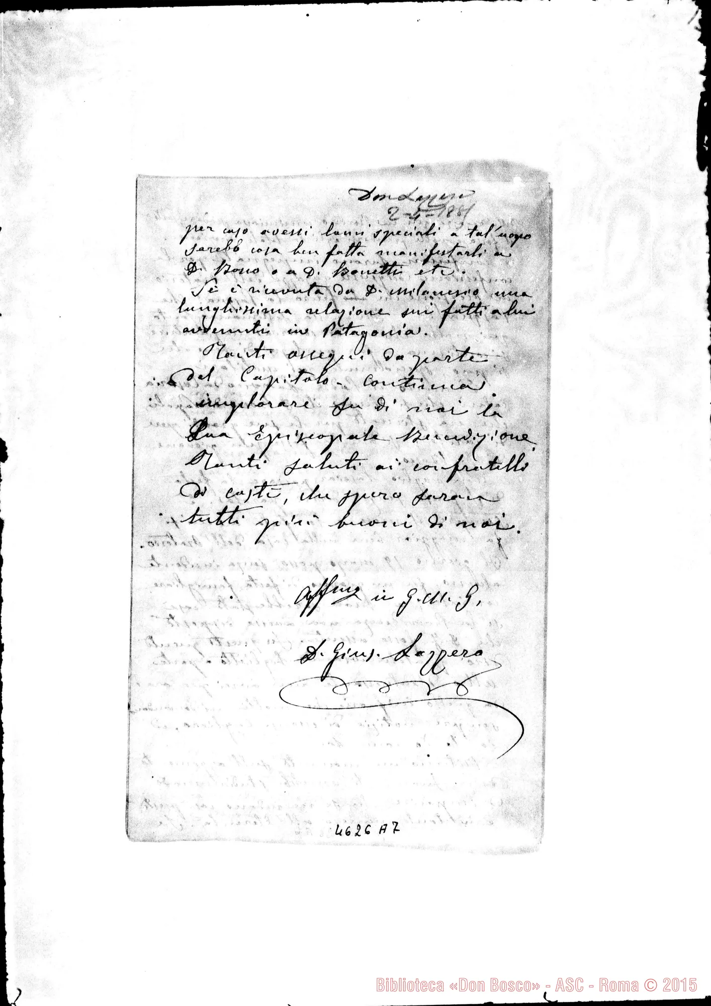 Fotogramma A 7 — Lazzero Giuseppe-Cagliero, mons. Torino, 2-04-1885