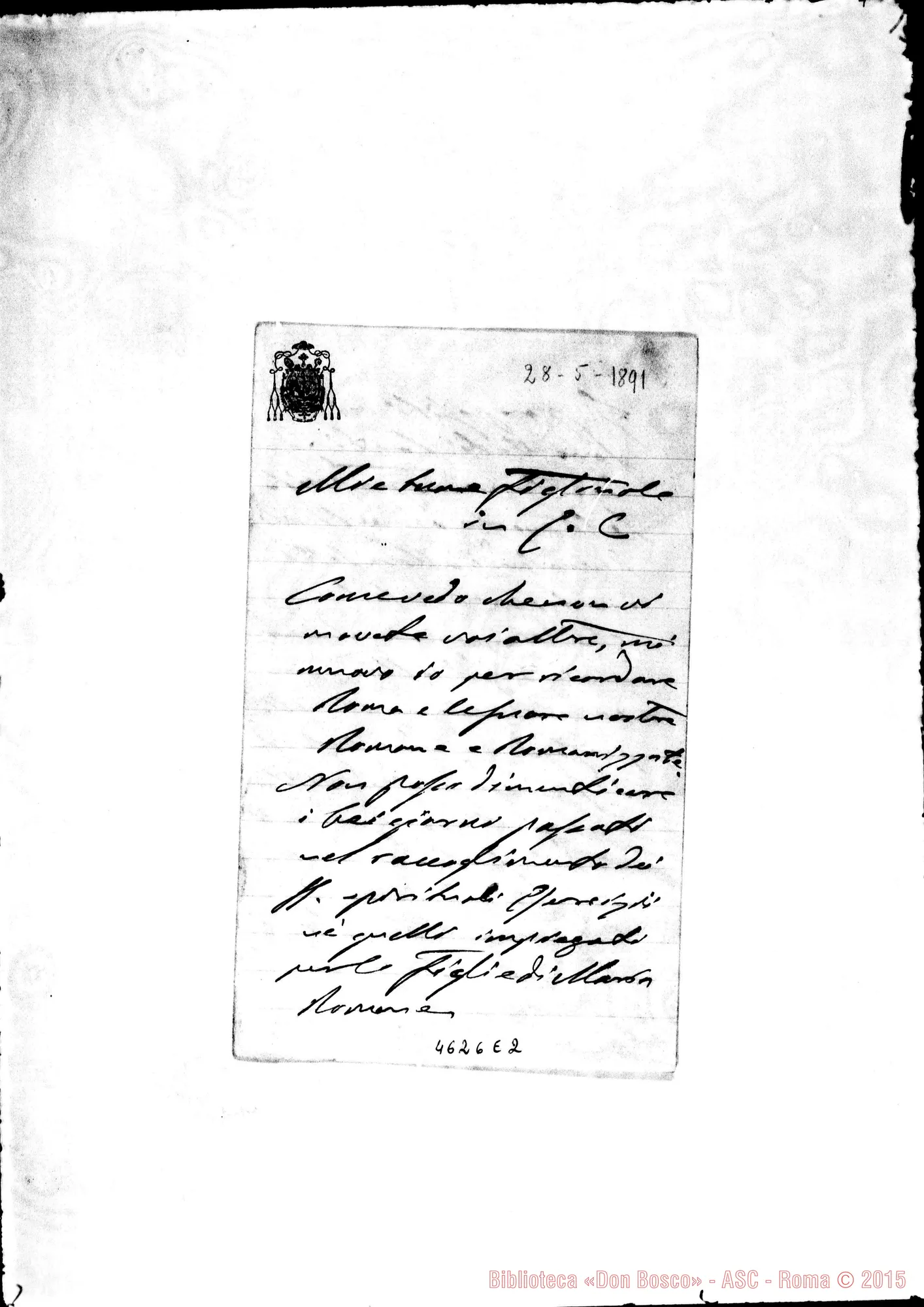 Fotogramma E 2 — Cagliero Giovanni, mons.-F.M.A. di S.ta Cecilia-Roma. Viedma, 28-05-1891