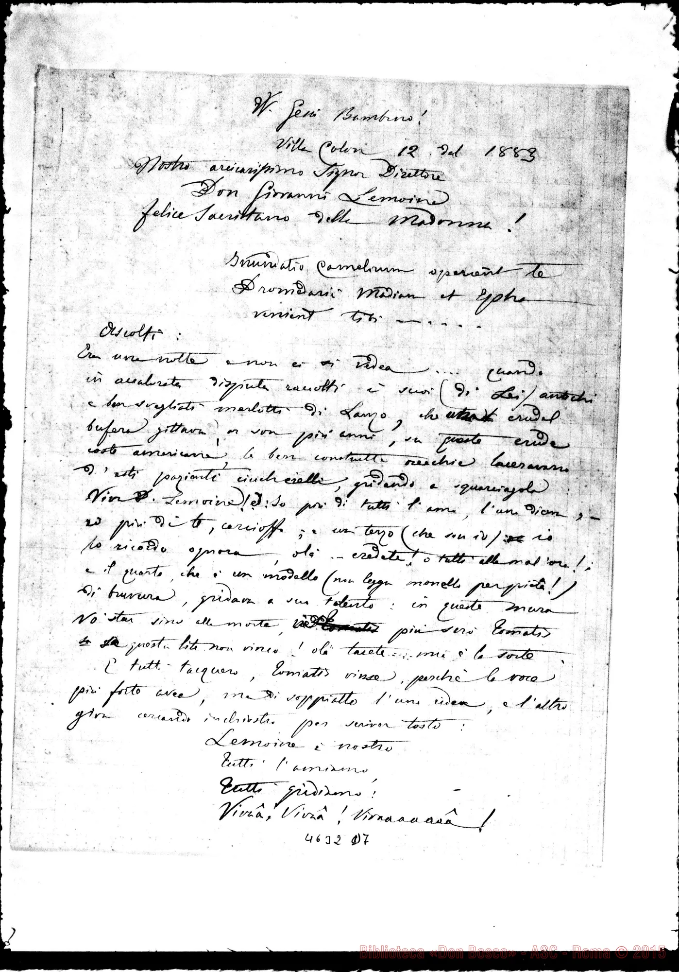 Fotogramma D 7 — « « « « Villa Colón, 12-01-1883. Seguono lett. A D. Lemoyne di: Tomatis D., Lasagna L., Giordano L., Borghino M.
