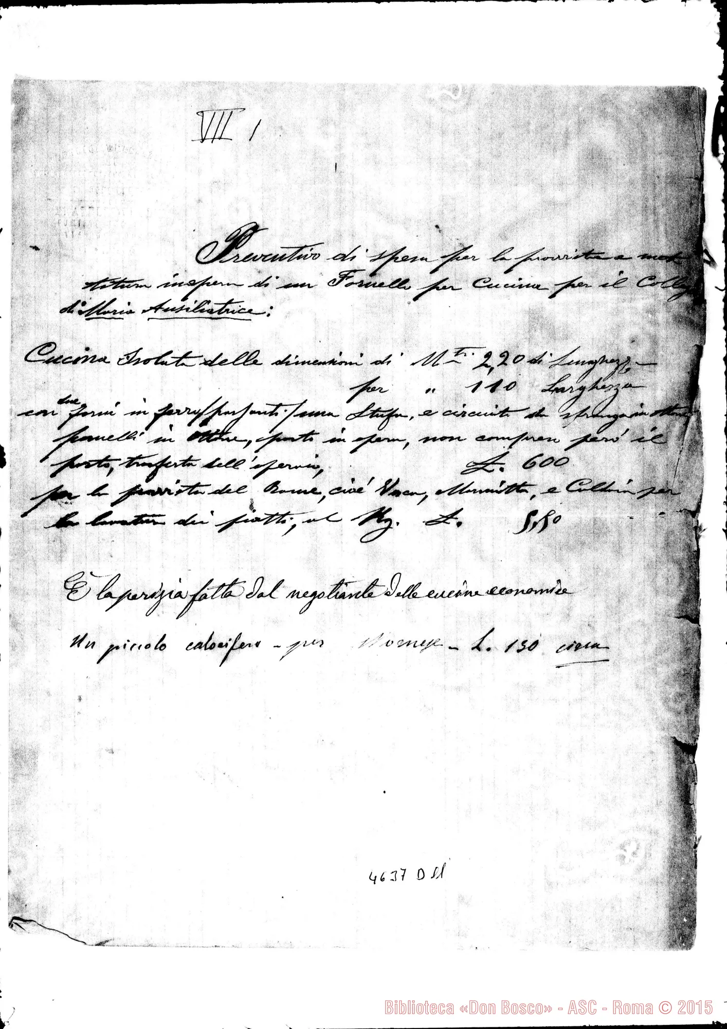 Fotogramma D 11 — Veglio, fratelli: preventivo per un fornello. Torino, s. d.