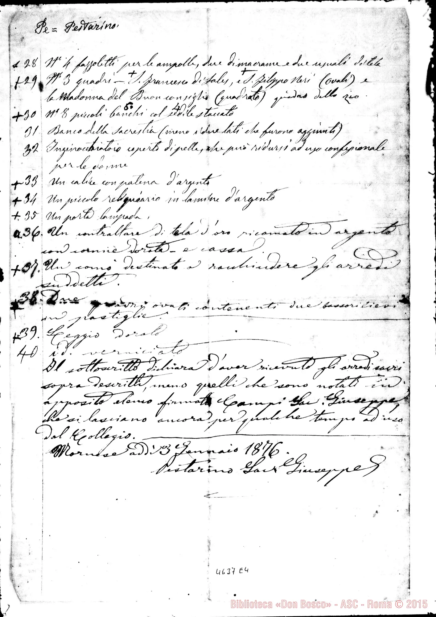 Fotogramma E 4 — Arredi sacri ceduti al Collegio di Maria Ausiliatrice, da D. Pestarino