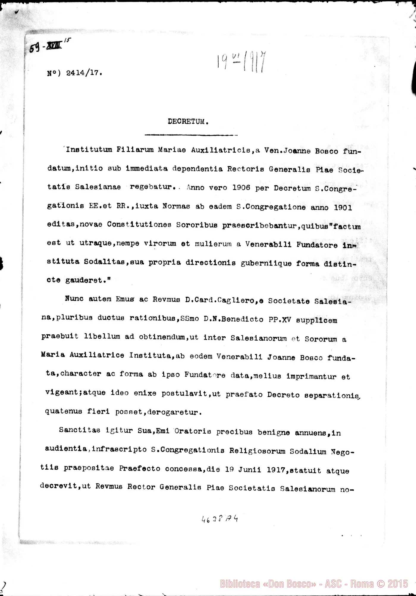 Fotogramma A 4 — Decretum originale dal Card. Tonti, Prefetto. Roma, 19-06-1917