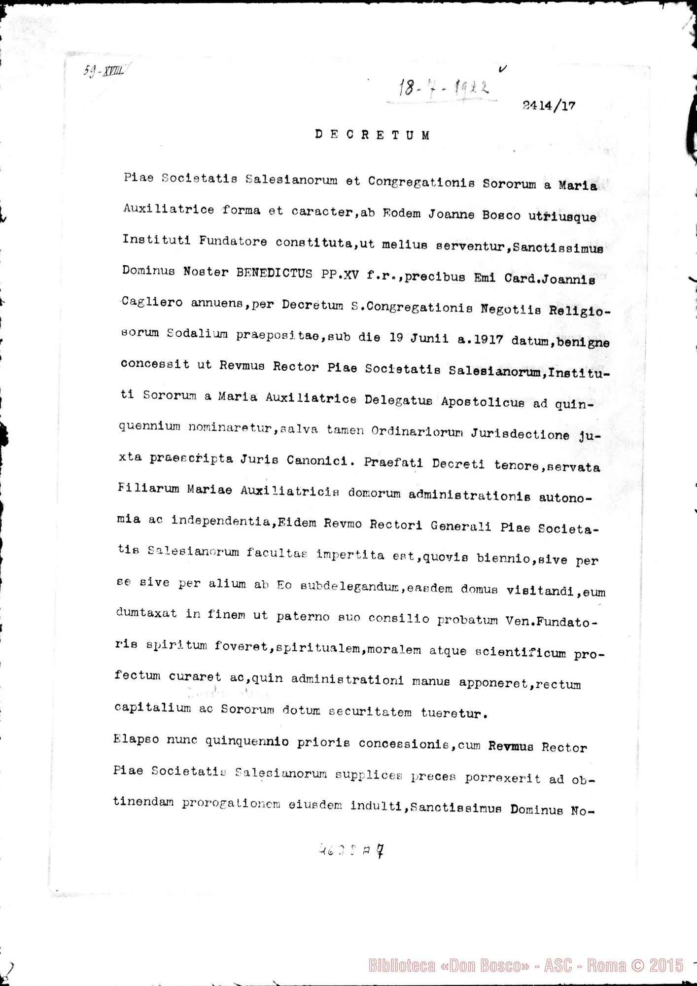 Fotogramma A 7 — Proroga della concessione. Card. Laurenti: Decretum. Roma, 18-07-1922