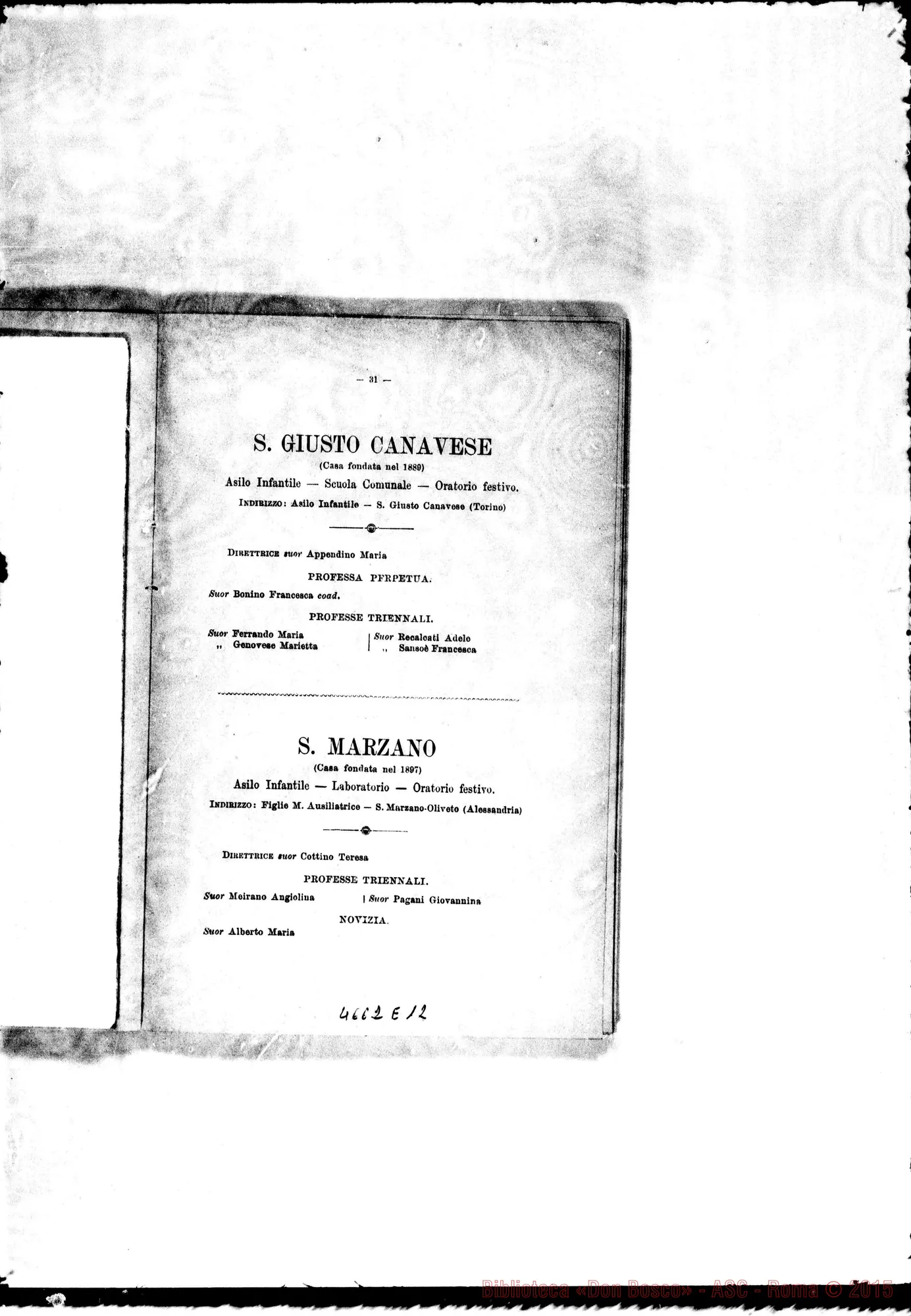 Fotogramma E 12 — 1898 Europa - Appaiono: Cavaglio, Diano d’Alba, Giaveno (seconda), Mornese, S. Marzano, Tirano, Trofarello, Berceto, Campione, Conegliano, Etagnac (Fr.), Jerez de la Frontera (Spag.) - Spariscono: Sparone, Patronato dell’infanzia
