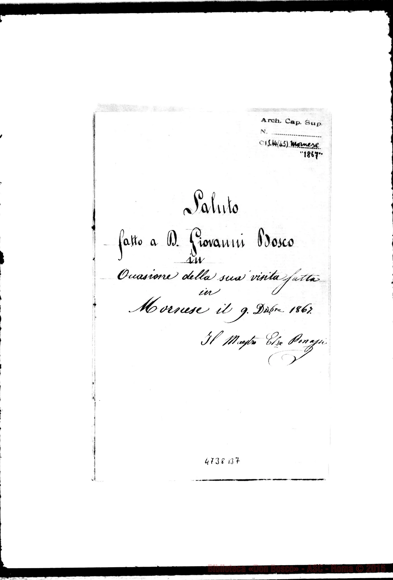 Fotogramma B 7 — Ponassi Ettore: Saluto A D. Bosco. Mornese, 9-12-1867