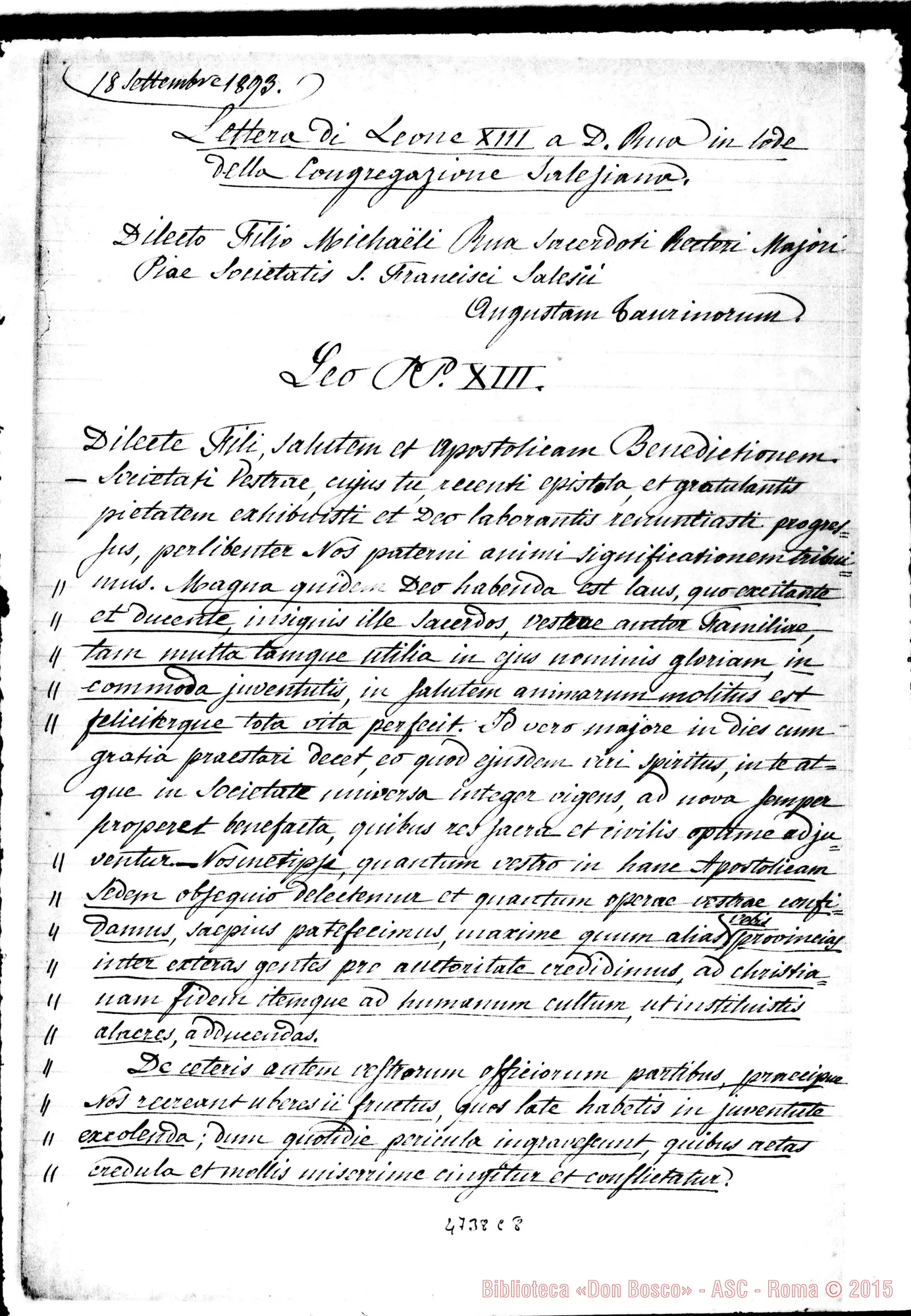 Fotogramma C 8 — Leone XIII: Lode ai Salesiani ed alle F.M.A.. Roma, 18-09-1893. Copia. Cfr. orig. in 3831 E12