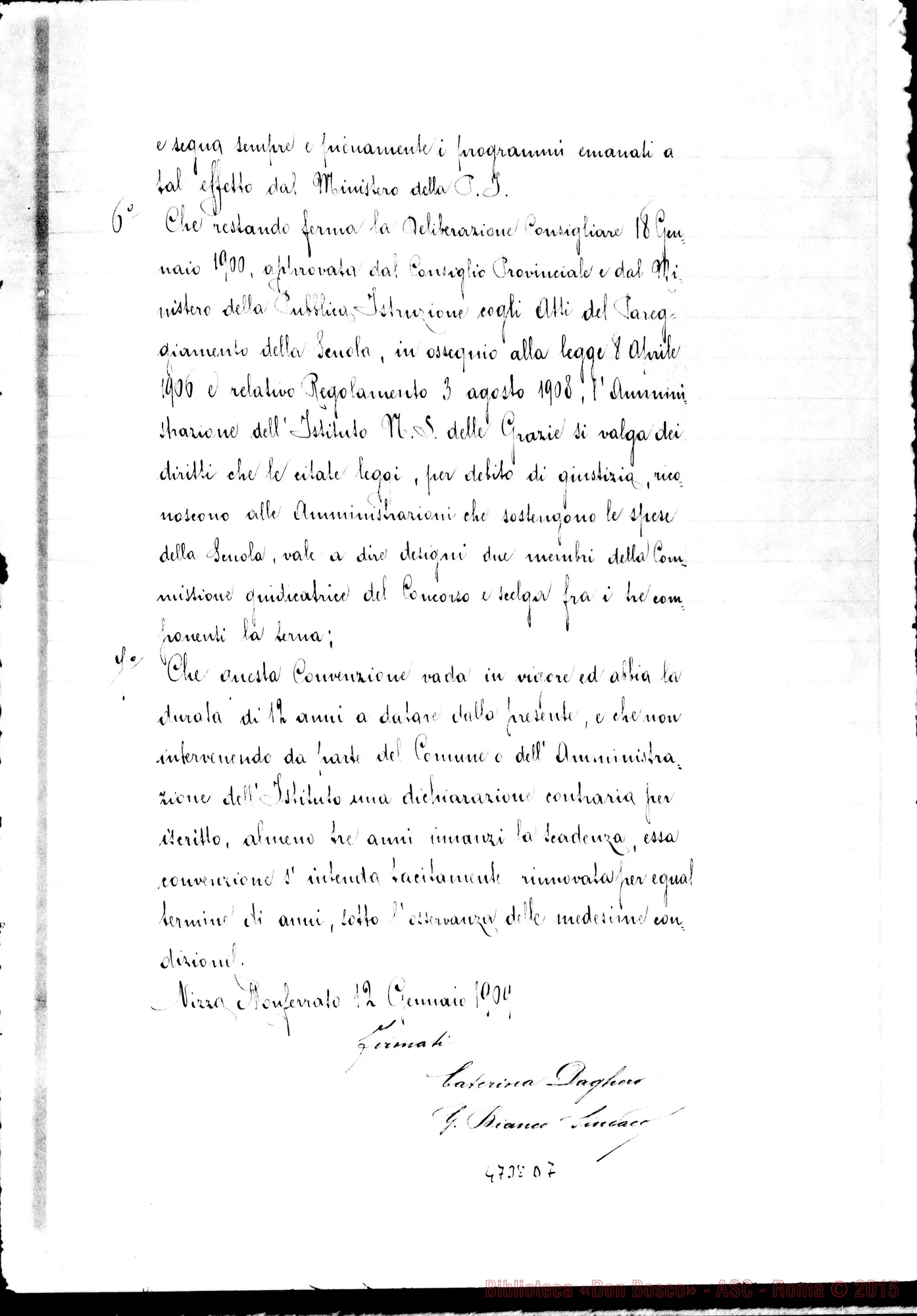 Fotogramma D 7 — Convenzione tra il Sindaco di Nizza Monf. E Madre Daghero. Nizza Monf., 12-01-1909. Copia. Cfr. altra documentazione nella posizione 1946 C4