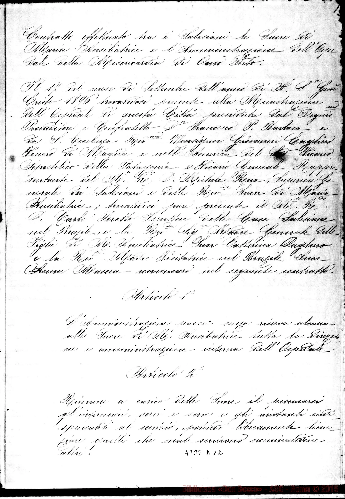 Fotogramma D 12 — Ouro Preto (Brasile): Contratto tra le F.M.A. E l’Ospedale della Misericordia di Ouro Preto, il 17-09-1896. Copia