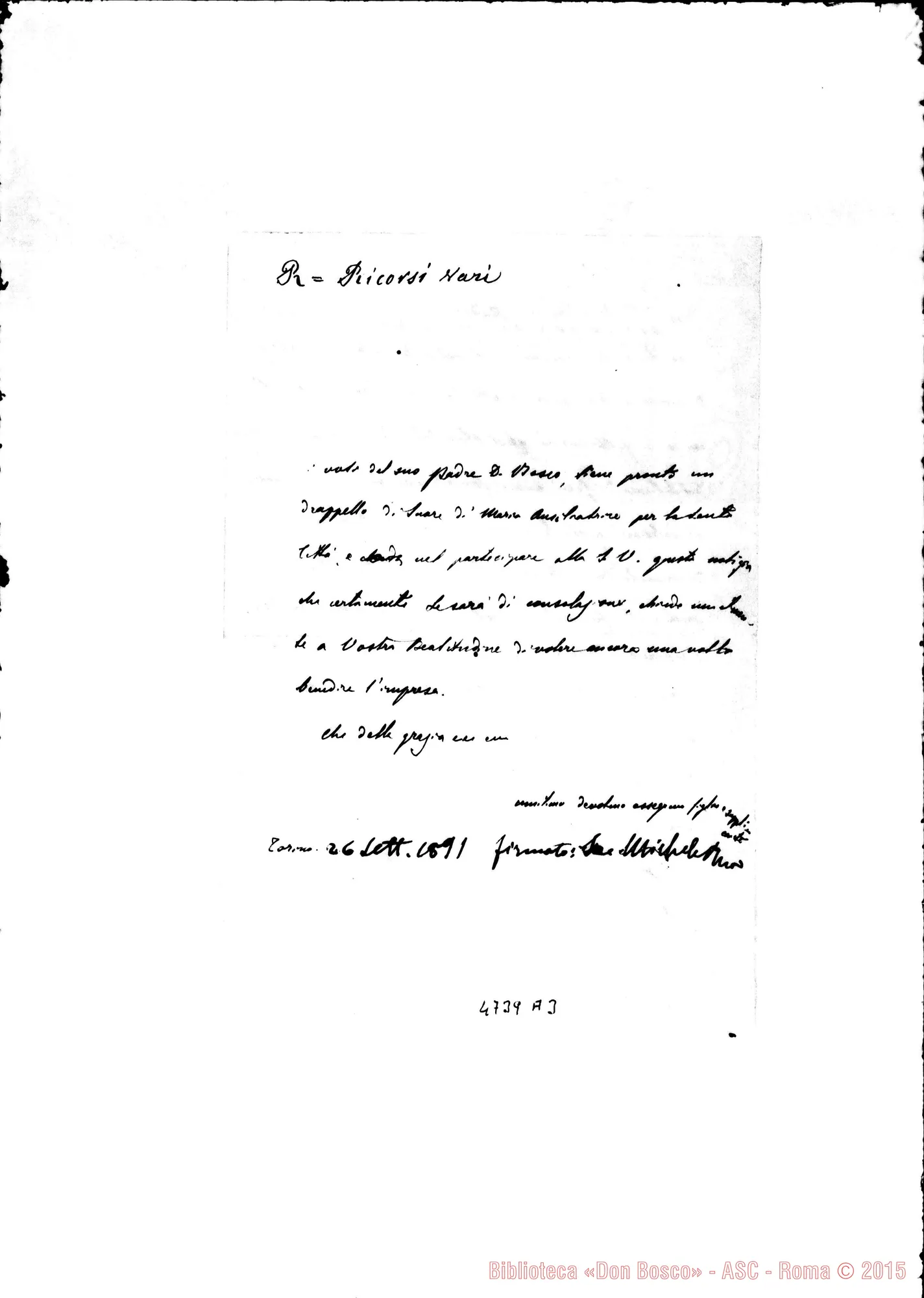 Fotogramma A 3 — Roma: Don Rua-Leone XIII. Torino, 26-09-1891. Copia ms. di D. Cagliero Cesare. Autogr. Rua