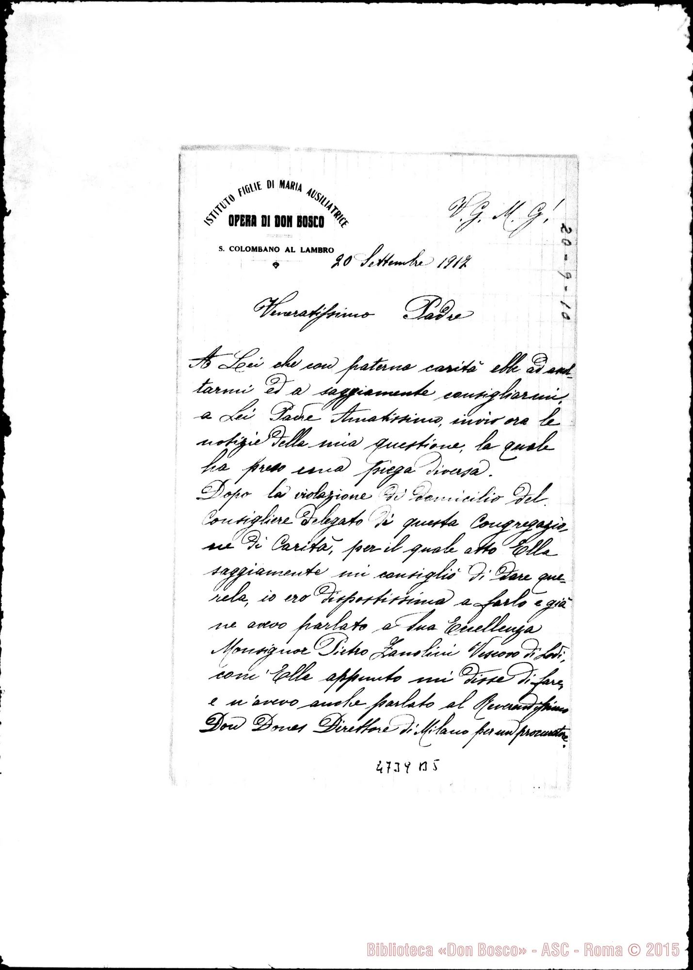 Fotogramma B 5 — Suor Lucia Baroni-Ven.mo Padre. S. Colombano, 20-09-1917