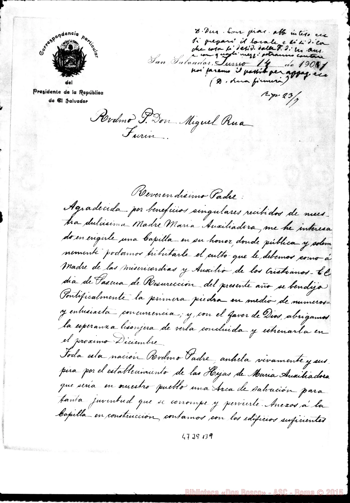 Fotogramma B 9 — San Salvador: Concepción G. de Regalado-Don Rua. S. Salvador, 14-06-1901. Autogr. Rua