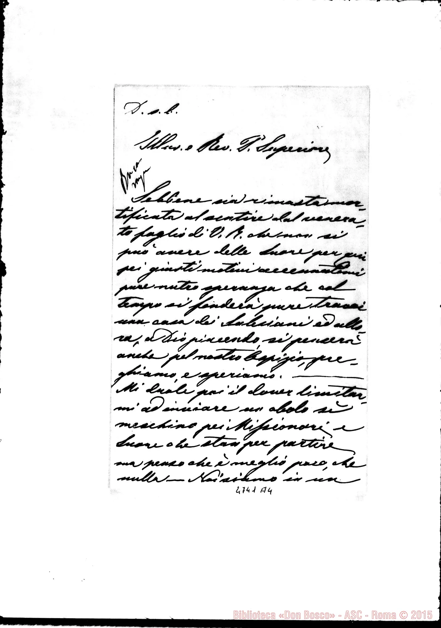 Fotogramma A 4 — Segonzano: Maria Salesia B. Prato, maestra-Don Bosco. Segonzano, 5-11-1883