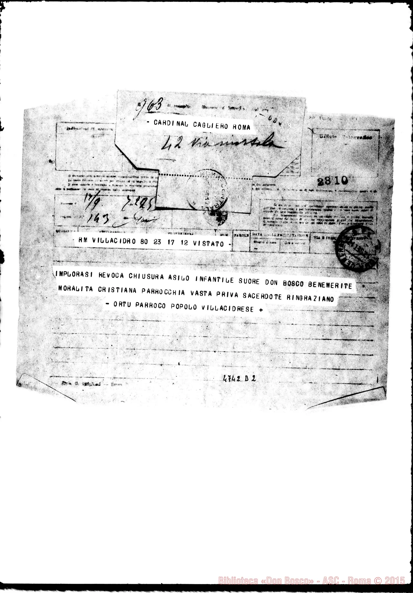 Fotogramma D 2 — Villacidro: Don Ortu, parroco-Card. Cagliero. 17-09-1917 Telegramma