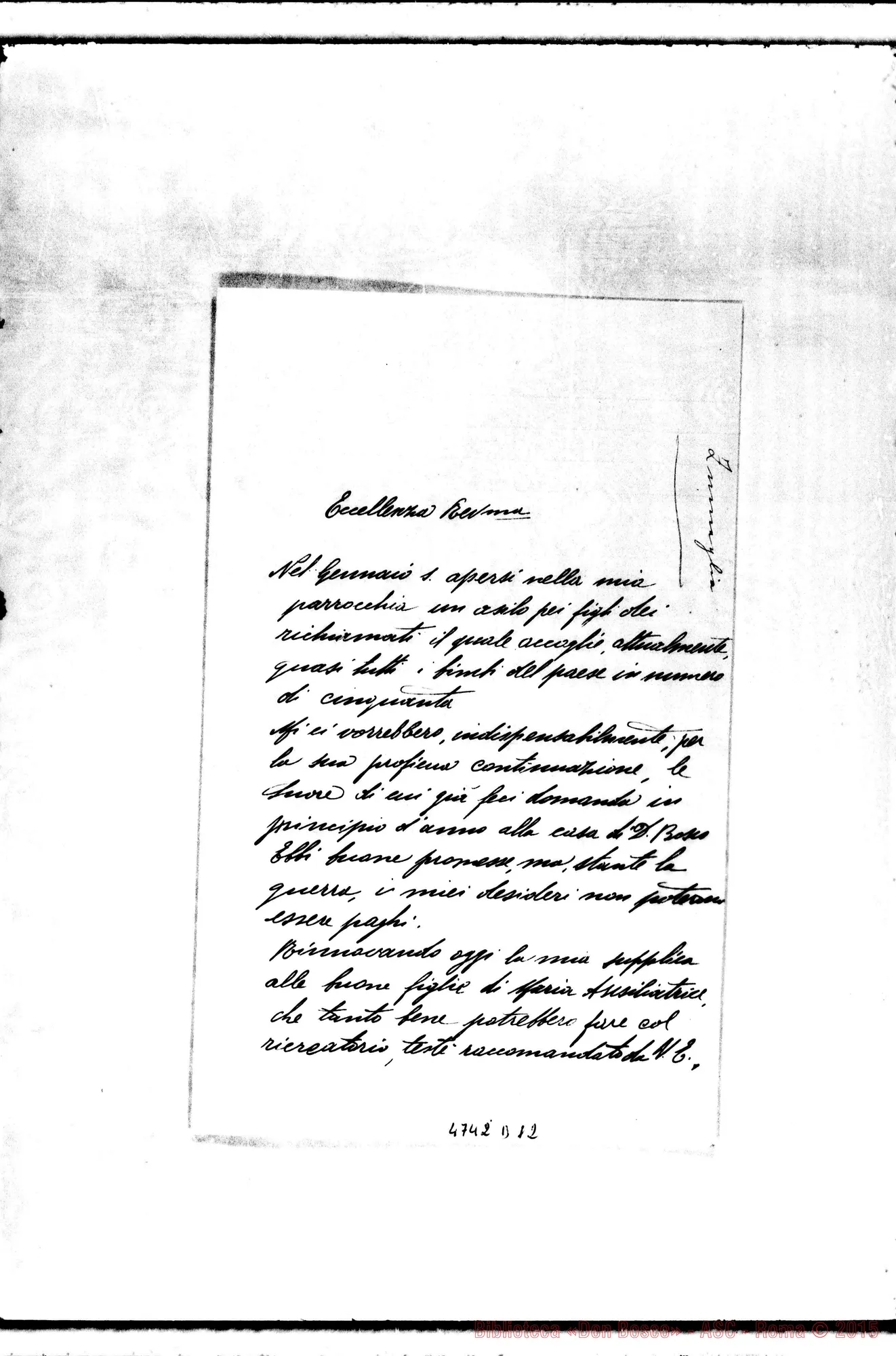 Fotogramma D 12 — Zumaglia: Don Silvio Gamba, prevosto-Eccellenza Rev.ma. Zumaglia, 5-08-1916 Corrispondenza con le Ispettorie