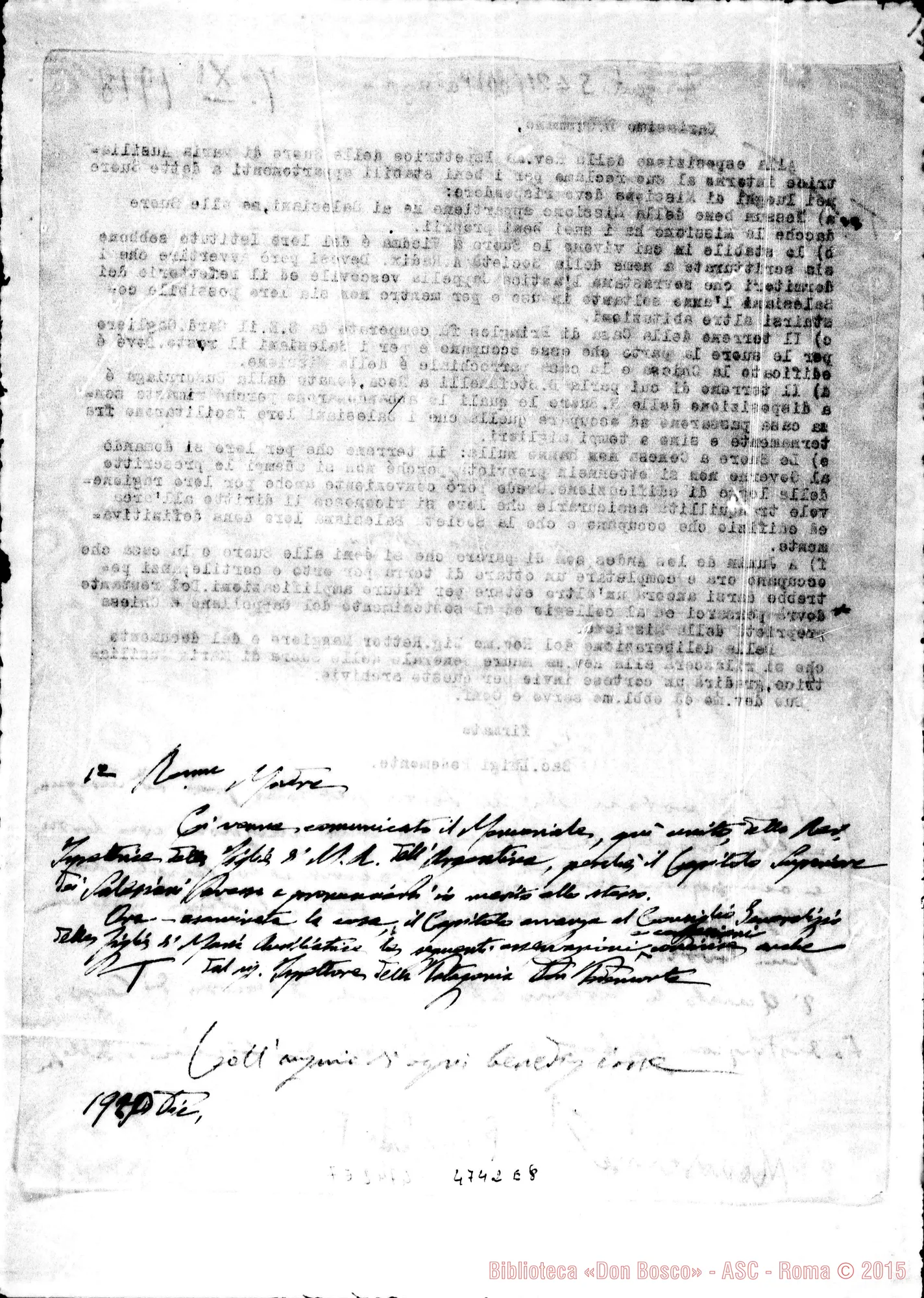 Fotogramma E 8 — Copia di lettera di D. Pedemonte A Gusmano, con appunti ms. di D. Rinaldi E minuta di lett. alla Rev.ma Madre