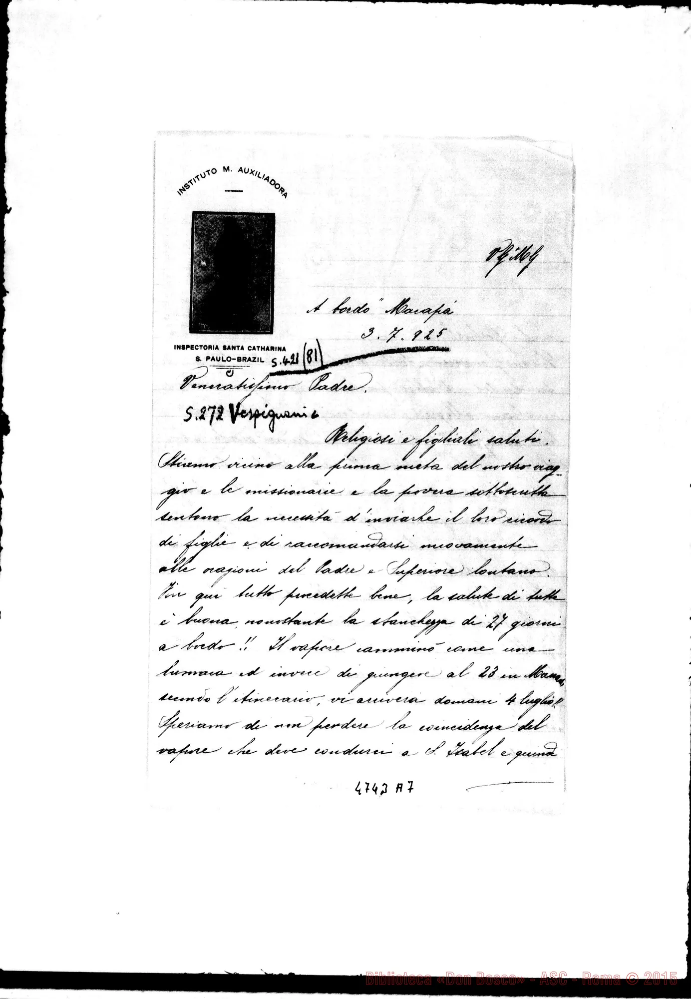 Fotogramma A 7 — Brasile: Suor Annetta Covi-Ven.mo Padre. Dal «Macapà», 3-07-1925