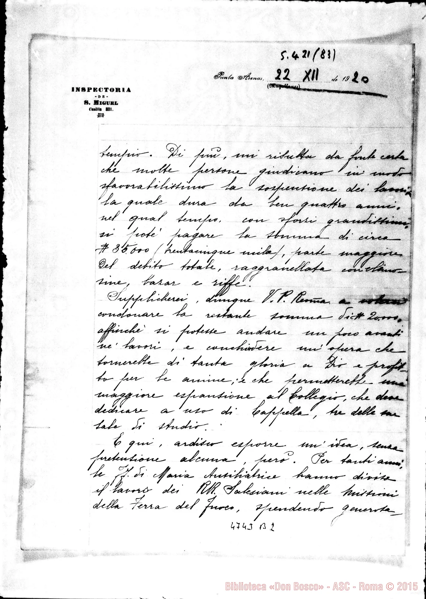 Fotogramma B 2 — Suor Gemma Muttis-Ispettore. Puntarenas, 22-12-1920. Autogr. Rinaldi