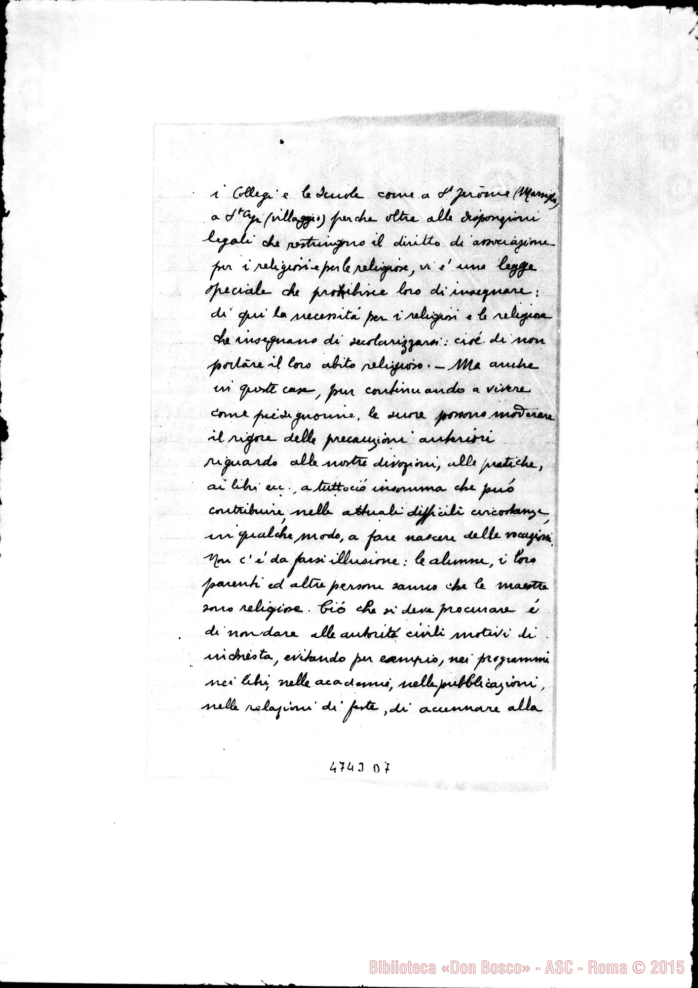 Fotogramma D 7 — Osservazioni intorno alla situazione attuale degli Istituti delle F.M.A. in Francia E le Vocazioni. Ms.