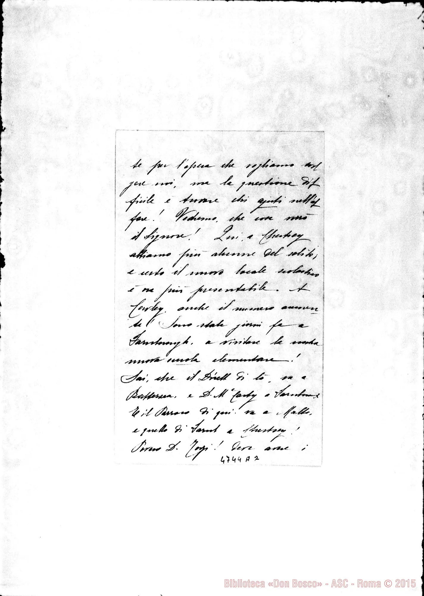 Fotogramma A 2 — Inghilterra: Lettera A Don Cogliolo Pietro. Incompleta. Chertsey, 19-09-1922