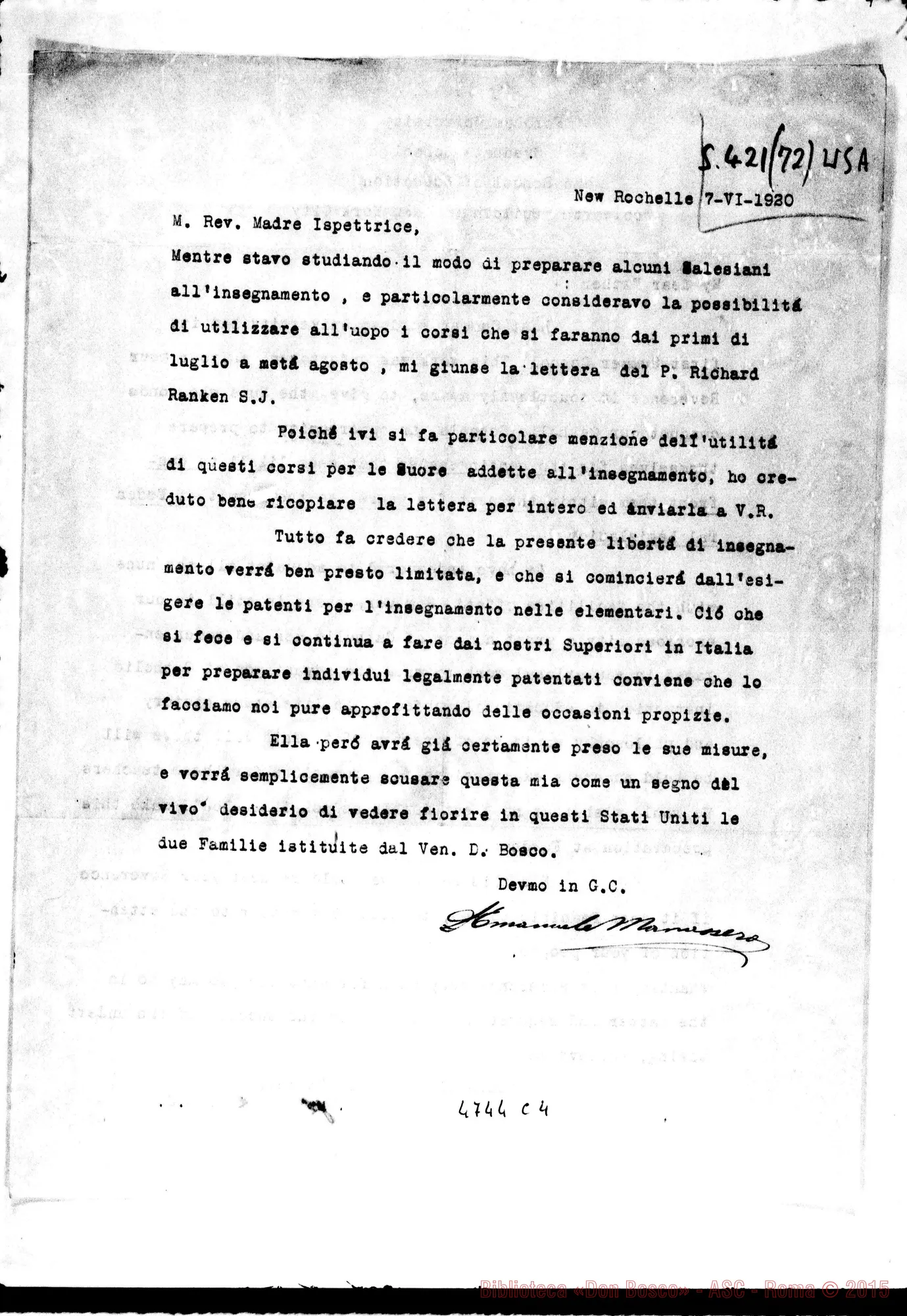 Fotogramma C 4 — Stati Uniti: Don Manassero Emanuele-Ispettrice. New Rochelle, 7-06-1920