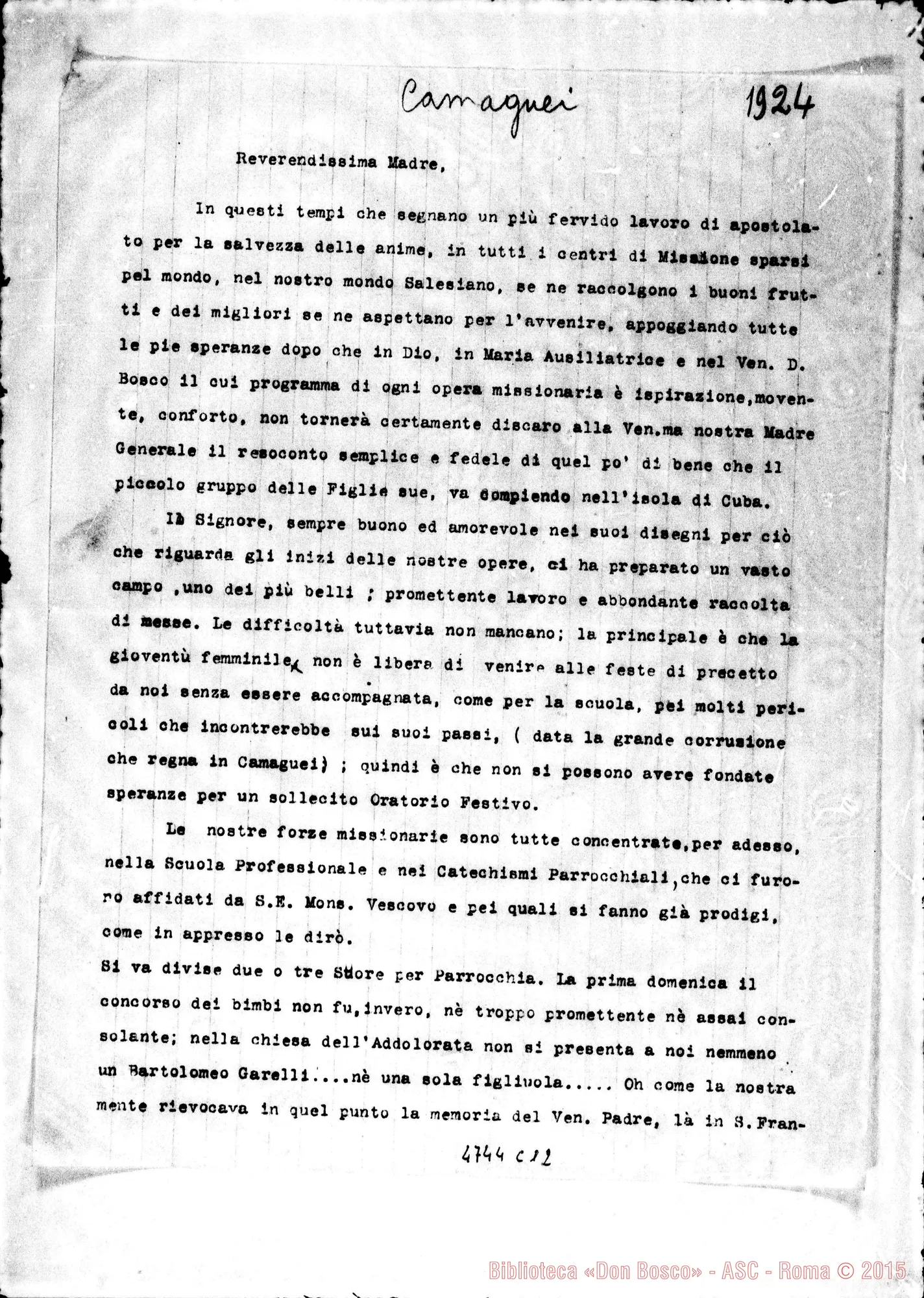 Fotogramma C 12 — Suor Bailo Maria-Rev.ma Madre. Camagiiey (Cuba), 17-01-1924. Copia dt.