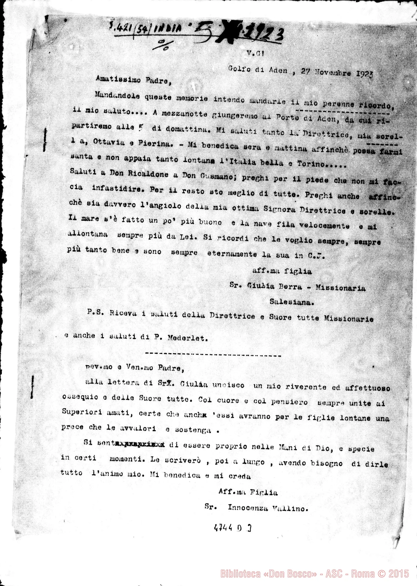 Fotogramma D 3 — Suor Berrà Giulia-Amatissimo Padre. Golfo di Aden, 27-11-1923. Segue lett. di Suor Vallino Innocenza. Copia dt.