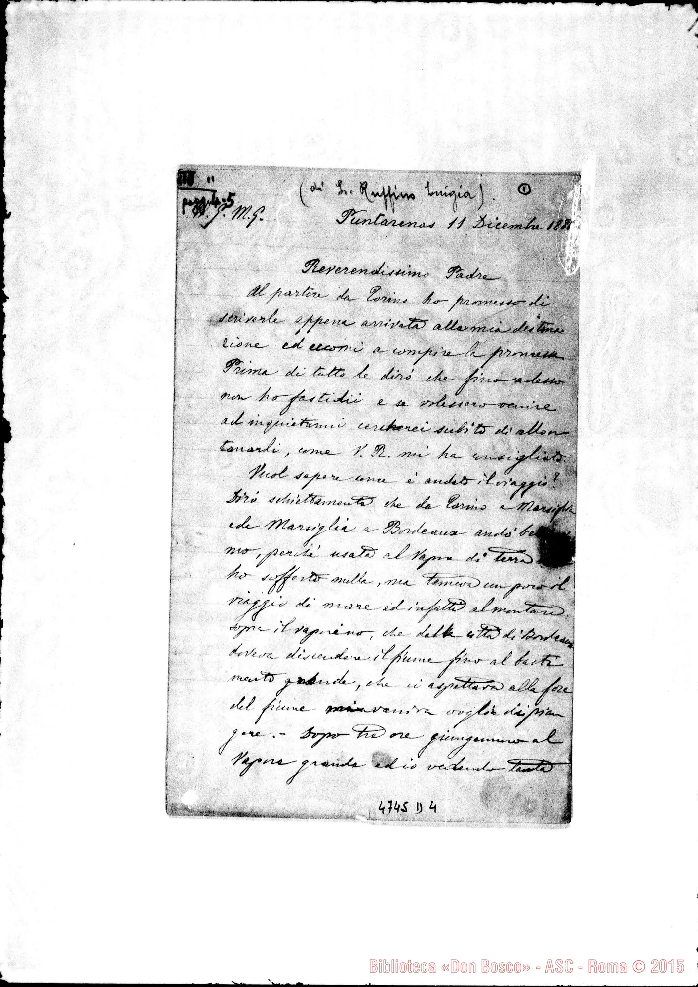 Fotogramma D 4 — Suor Massobrio Rosina-Rev.mo Padre. Puntarenas, 11-12-1888