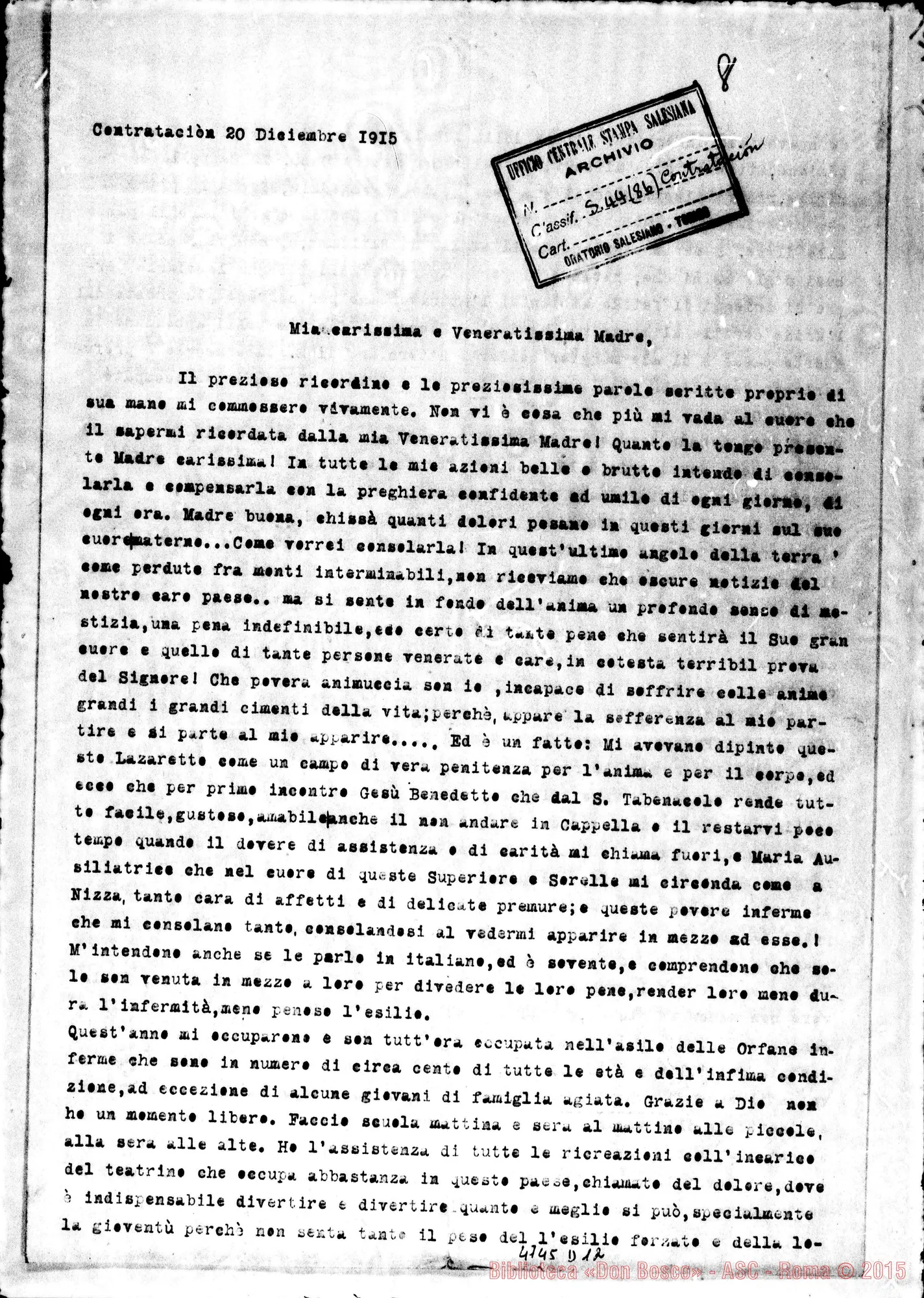 Fotogramma D 12 — Suor Marazia Felicina-Carissima Madre. Contratación, 20-12-1915. Copia dt.
