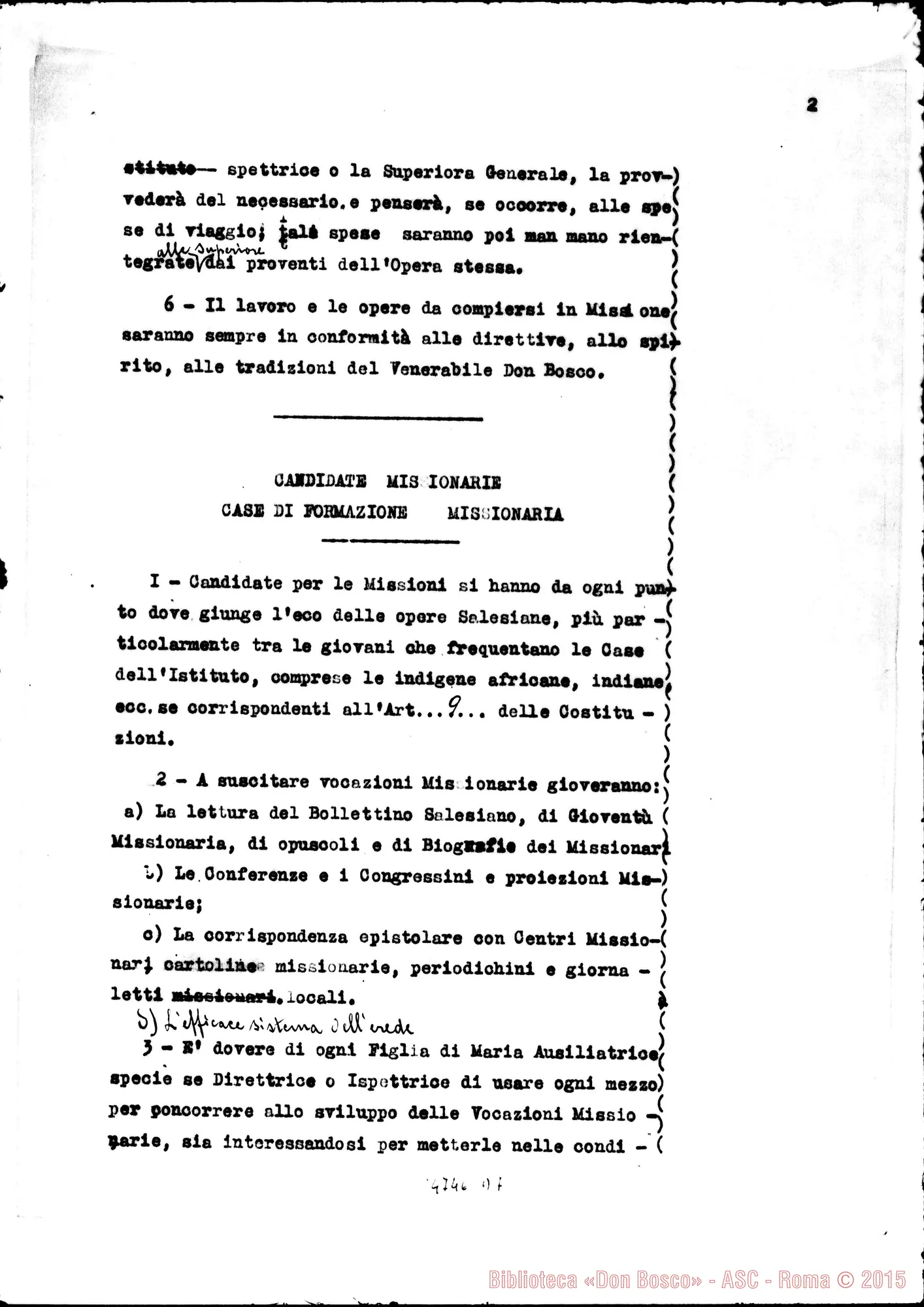 Fotogramma D 7 — Regolamento pro Case di Missione all’Estero. Dattiloscritto.