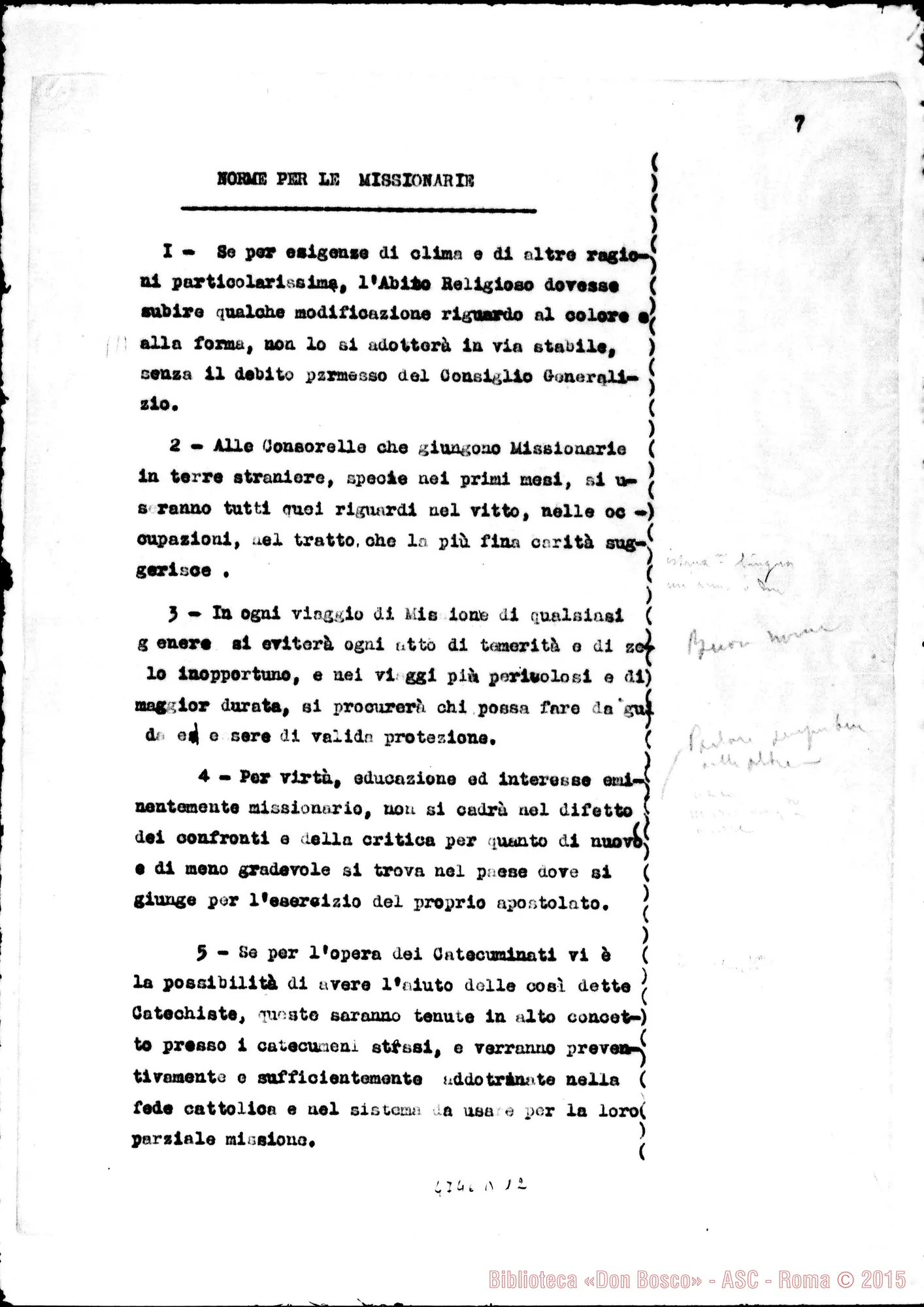 Fotogramma D 12 — Regolamento pro Case di Missione all’Estero. Dattiloscritto.