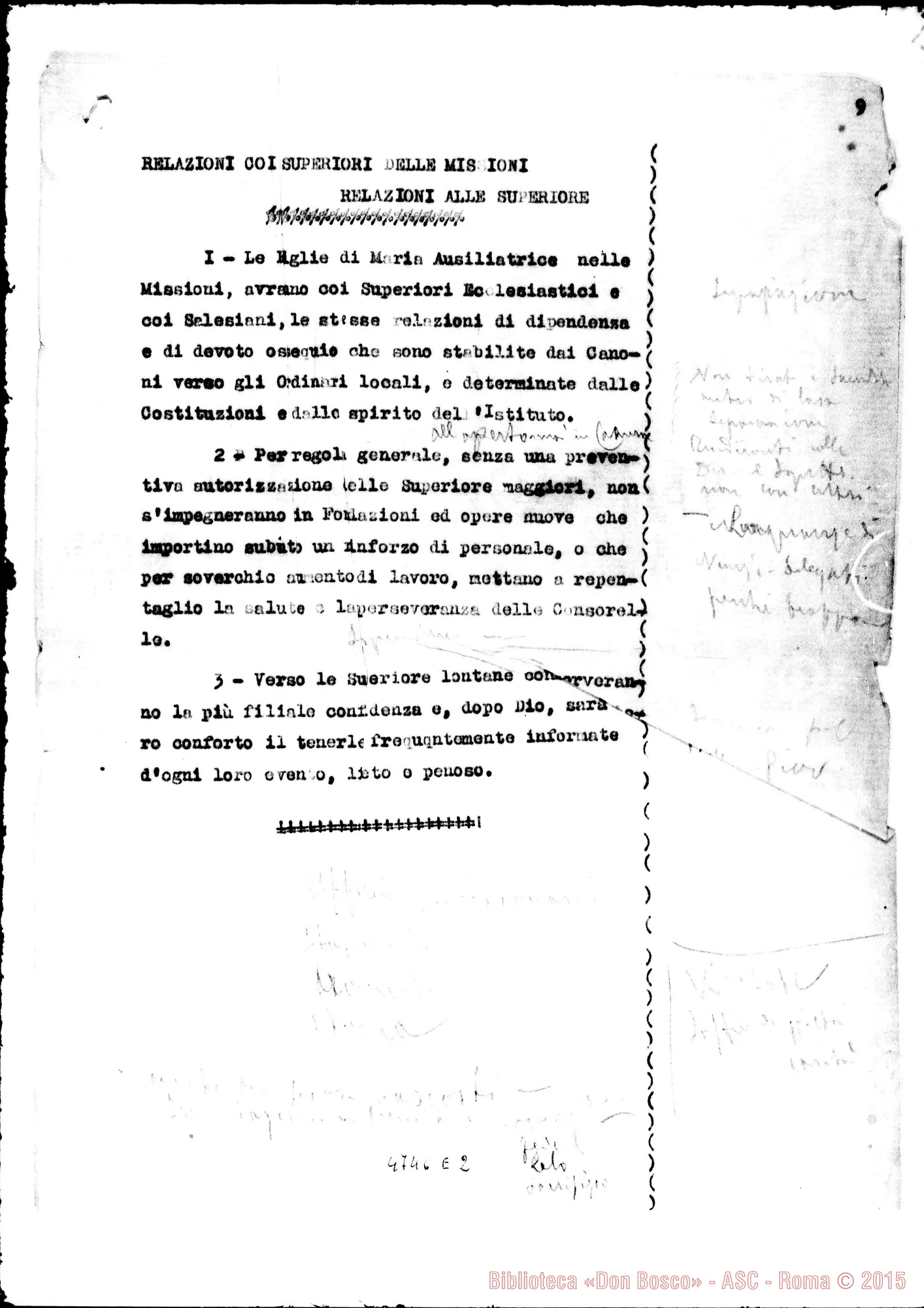 Fotogramma E 2 — Regolamento pro Case di Missione all’Estero. Dattiloscritto.