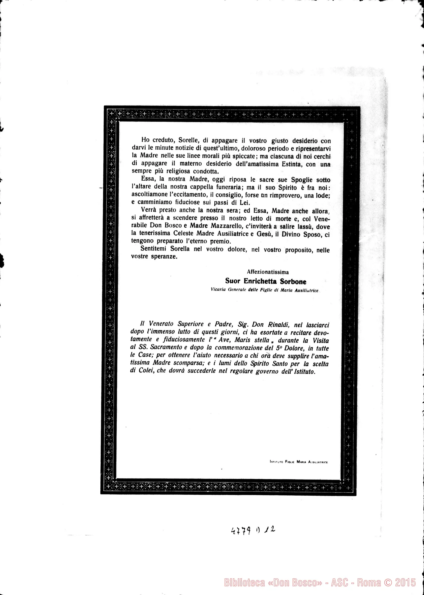 Fotogramma D 12 — Suor Enrichetta Sorbone, vicaria-Suore. Circolare per la morte di Madre Daghero. Nizza Monf., 29-02-1924