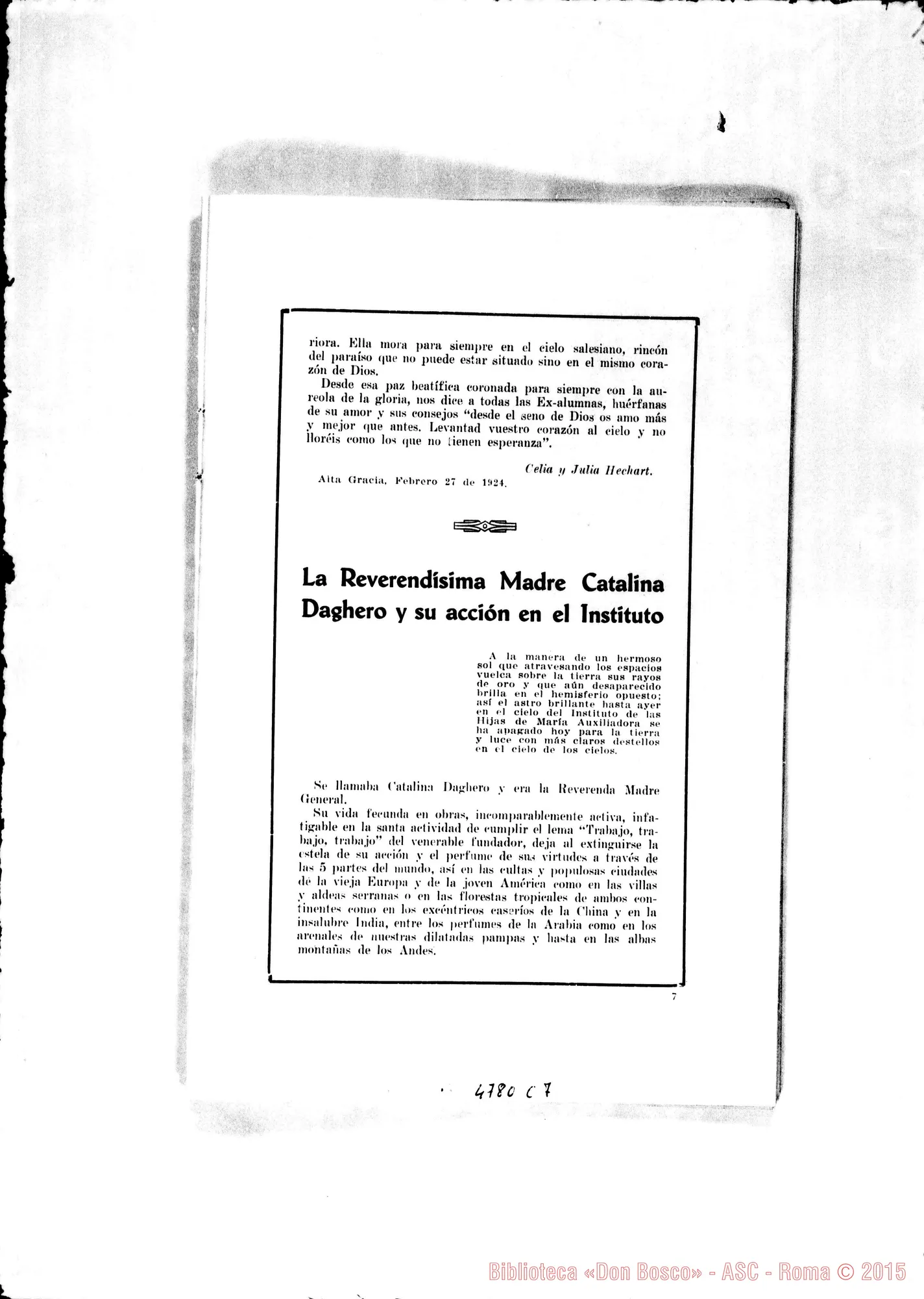 Fotogramma C 7 — «En memoria de la Reverendísima Madre Catarina Daghero». Las Exalumnas argentinas. Stampato