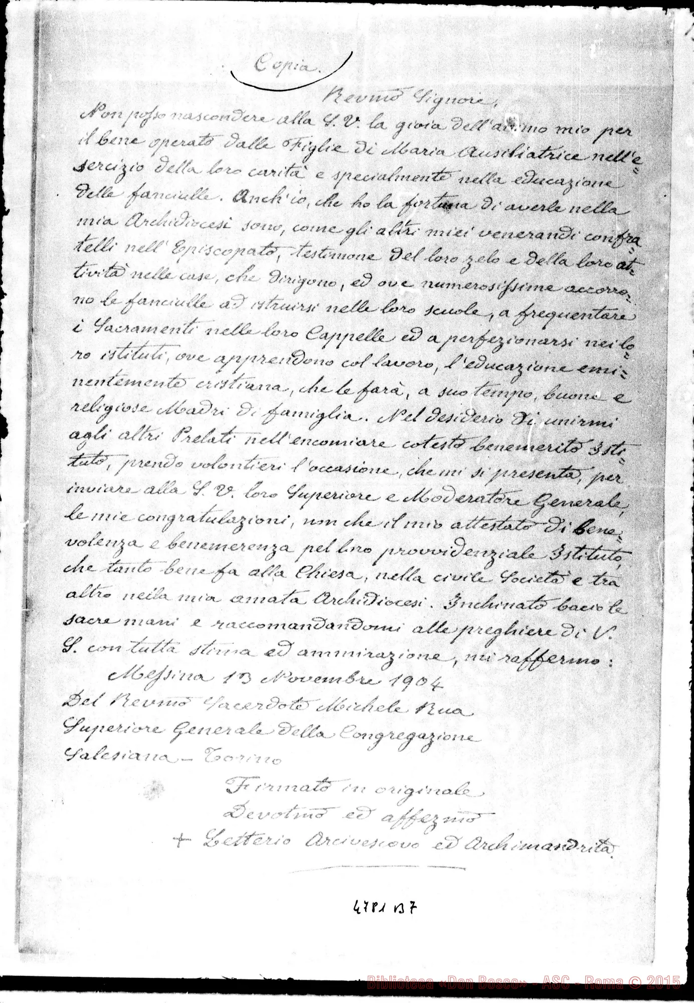 Fotogramma B 7 — Don Bretto Clemente, dir. gen. delle F.M.A.-Ispettori. Torino, 30-11-1904. All. copia delle lett. dei Vescovi: Letterio d’Arrigo, 13-11-1904 E Dimas Marchese, 2-12-1904