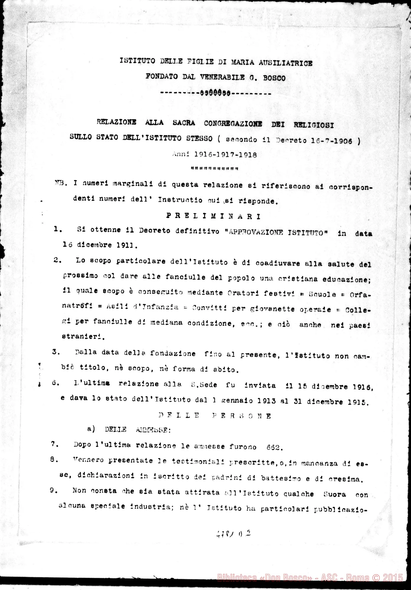Fotogramma D 2 — Relazione alla Sacra Congr. dei W. E RR.. Nizza Monf., 24-02-1920 Copia dt. con firme del Consiglio Superiore delle Suore