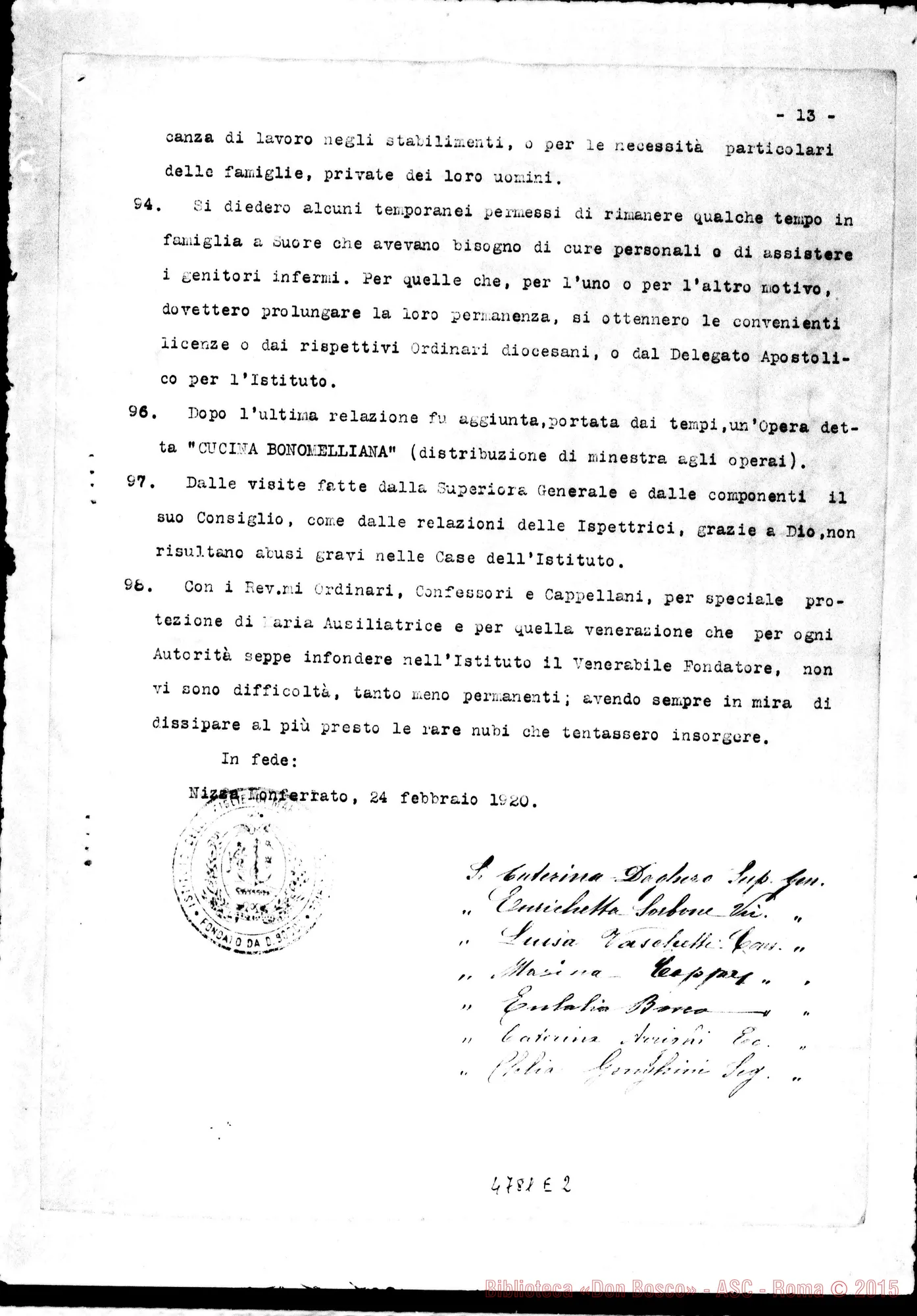 Fotogramma E 2 — Relazione alla Sacra Congr. dei W. E RR.. Nizza Monf., 24-02-1920 Copia dt. con firme del Consiglio Superiore delle Suore