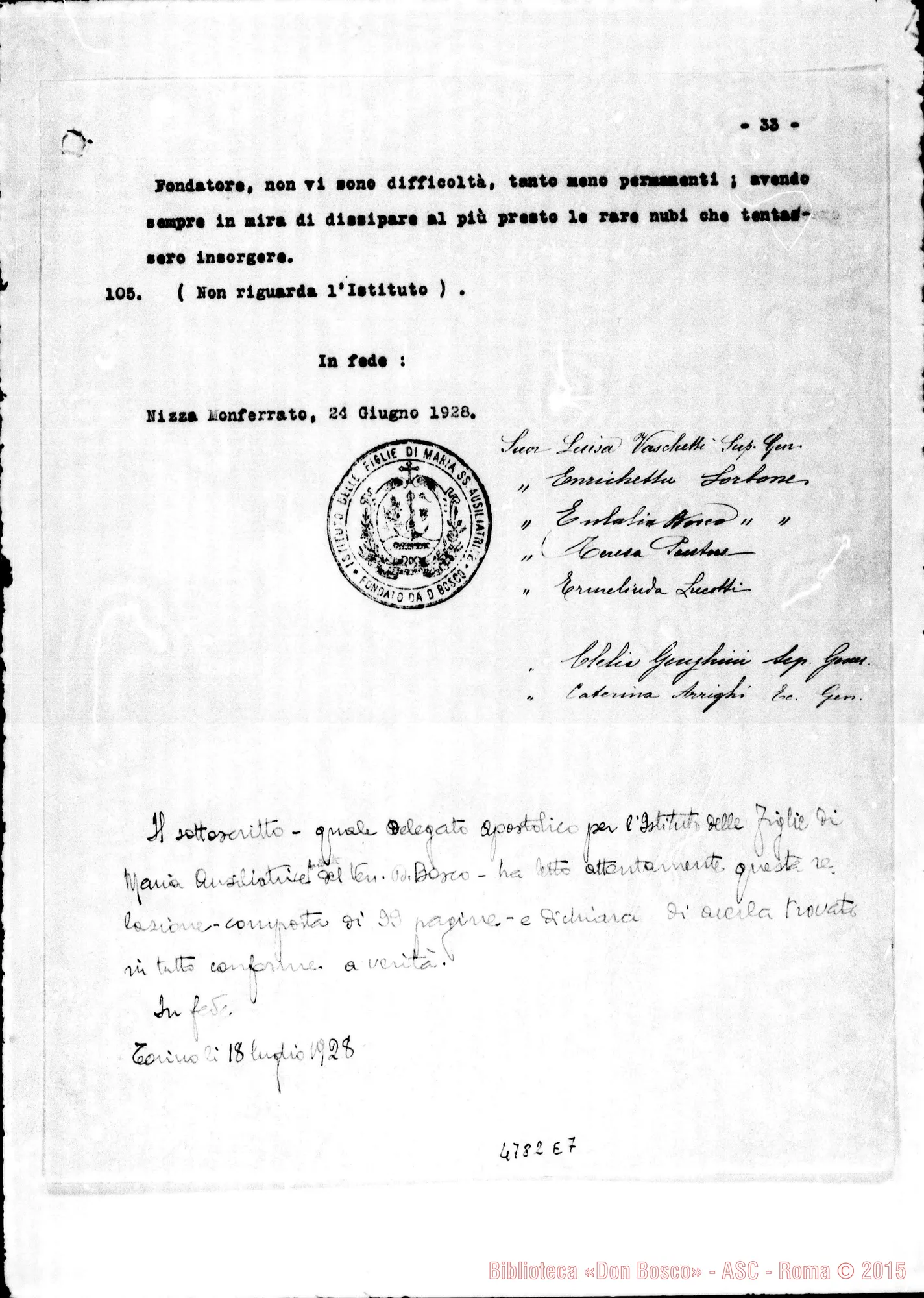 Fotogramma E 7 — Relazione alla Sacra Congr. dei W. E RR.. Nizza Monf., 24-06-1928 Copia dt. con firme del Consiglio Superiore delle Suore