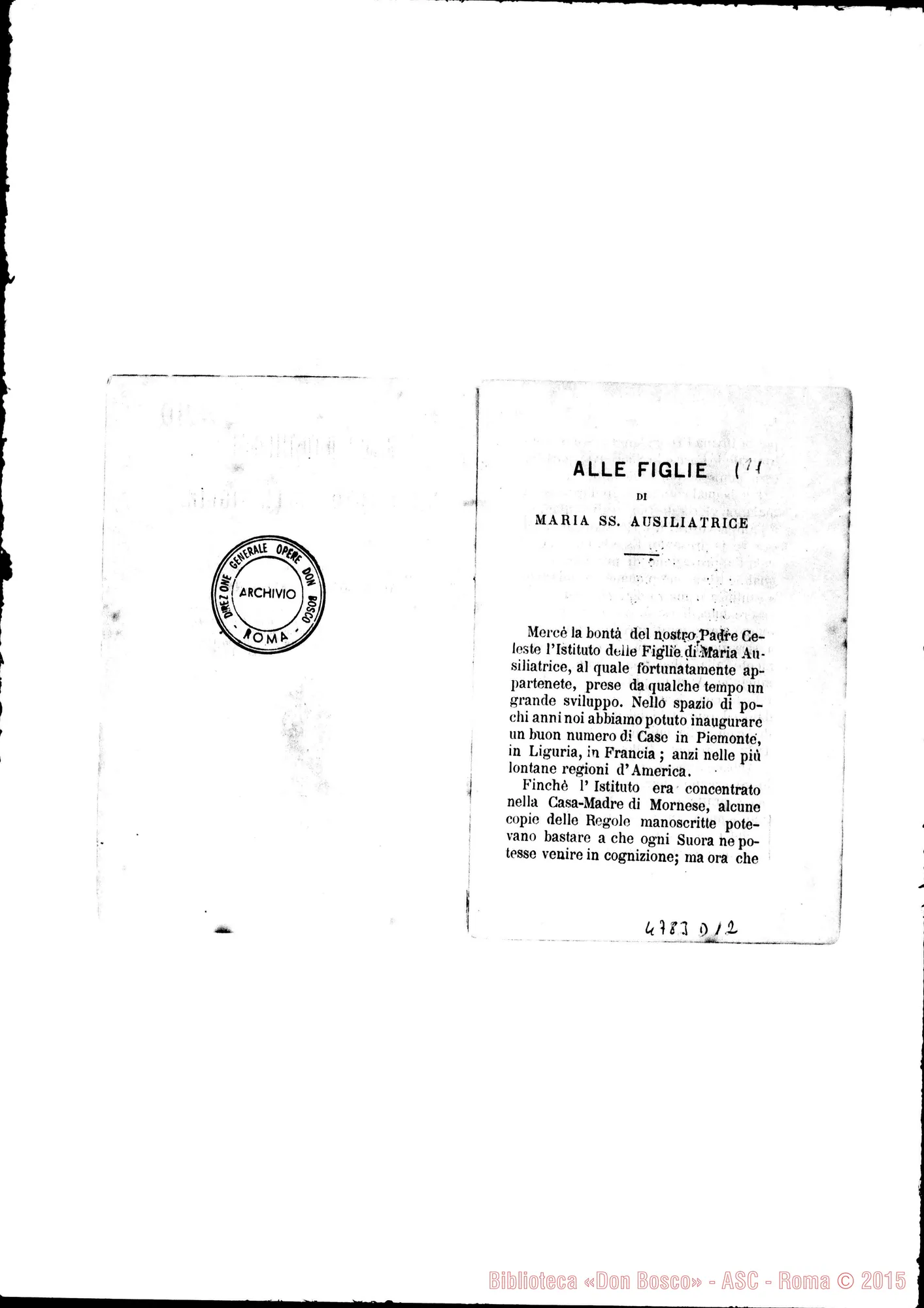Fotogramma D 12 — Costituzioni: Prima edizione delle Regole. Stampato. Torino, 1878. Lettera di presentazione di D. Bosco. Torino, 8-12-1878