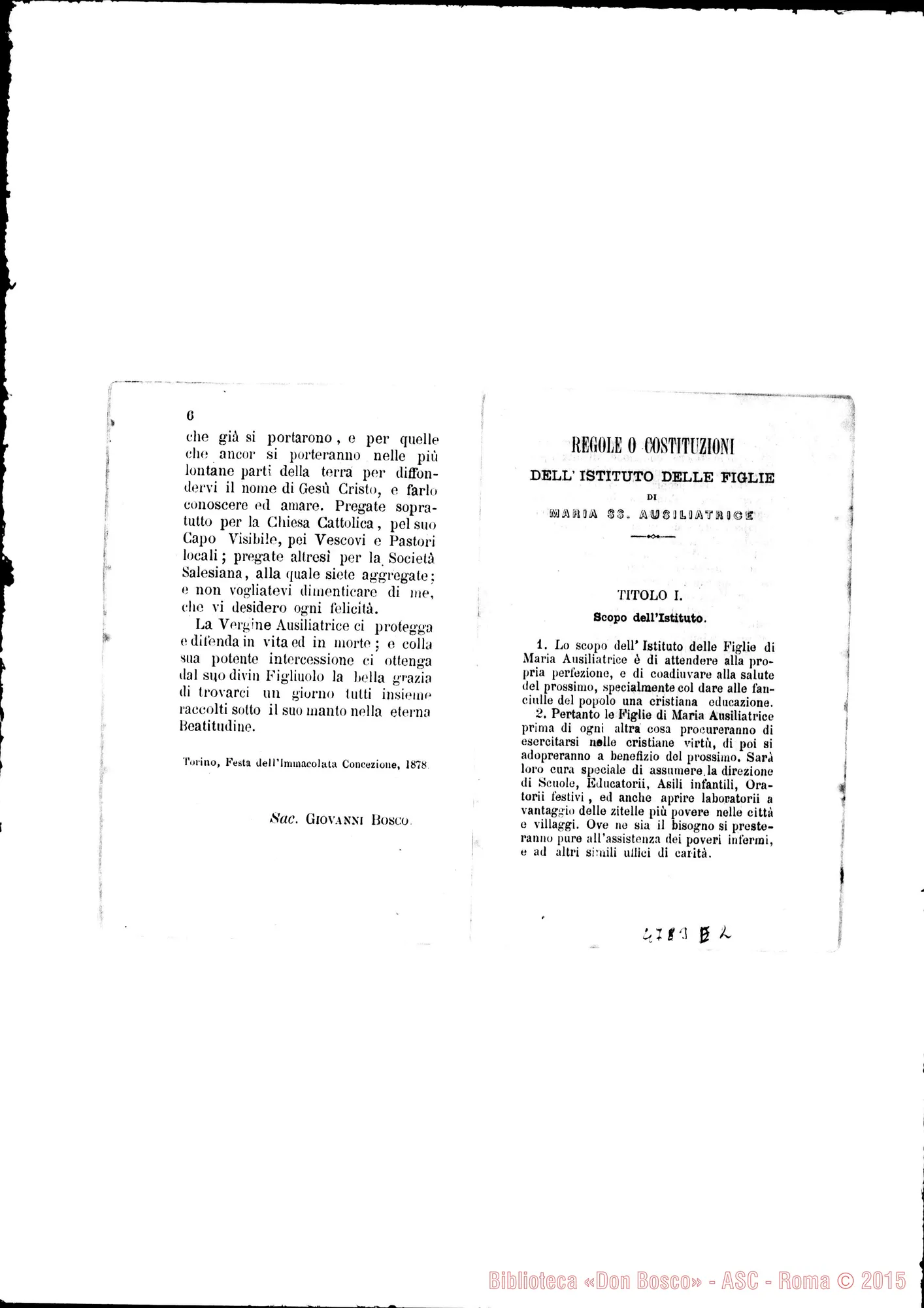 Fotogramma E 2 — Costituzioni: Prima edizione delle Regole. Stampato. Torino, 1878. Lettera di presentazione di D. Bosco. Torino, 8-12-1878