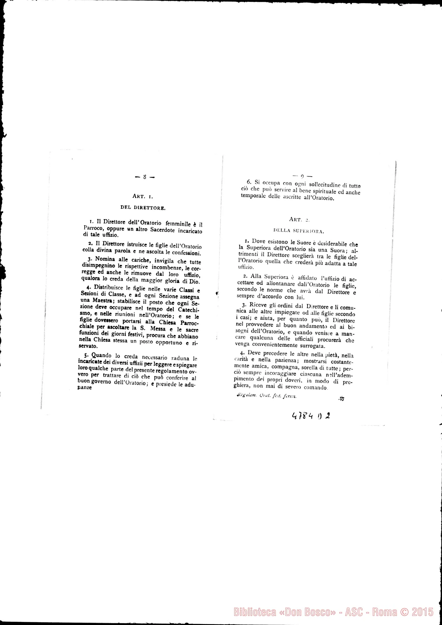 Fotogramma D 2 — Oratorio Festivo: Regolamento delFOratorio Festivo Femminile. Stampato. Torino, 1895