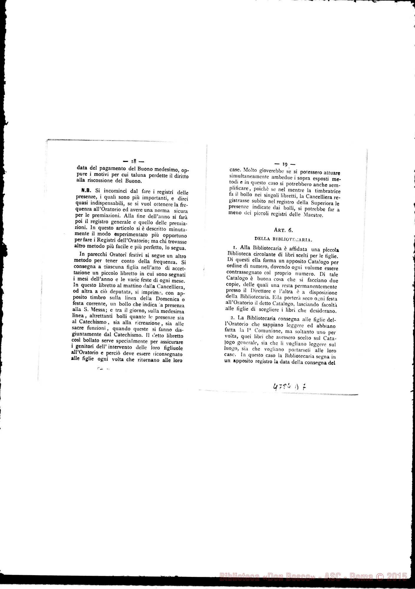 Fotogramma D 7 — Oratorio Festivo: Regolamento delFOratorio Festivo Femminile. Stampato. Torino, 1895