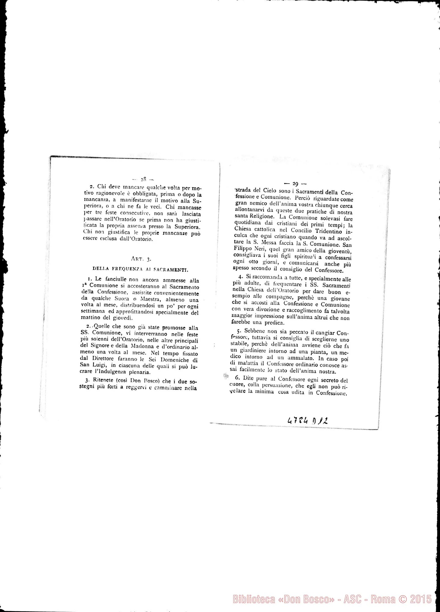 Fotogramma D 12 — Oratorio Festivo: Regolamento delFOratorio Festivo Femminile. Stampato. Torino, 1895