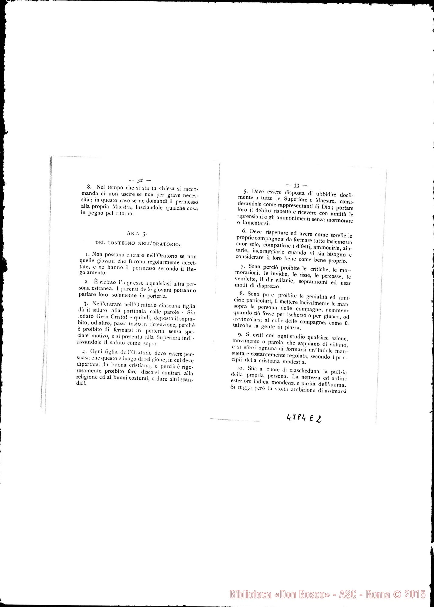 Fotogramma E 2 — Oratorio Festivo: Regolamento delFOratorio Festivo Femminile. Stampato. Torino, 1895